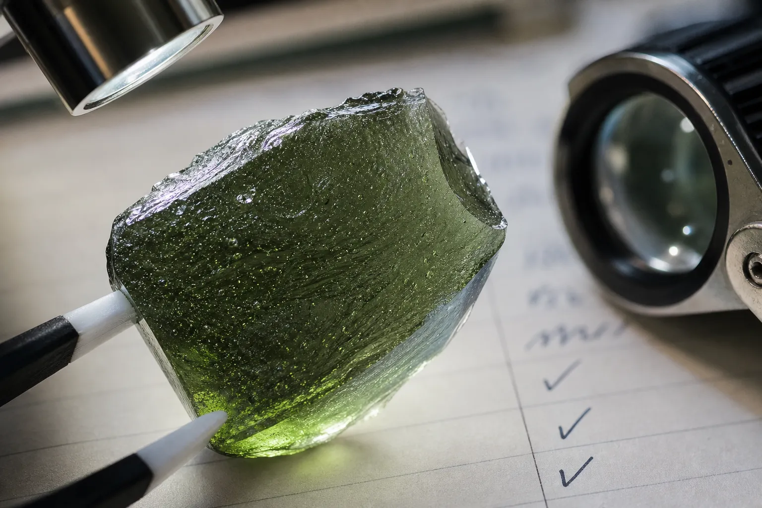 Close inspection of green glassy material showing edges bubbles and polished surface details