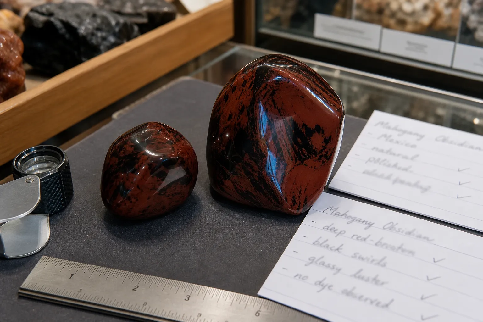Mahogany obsidian buying check comparing visible pattern, polish, size, and seller wording