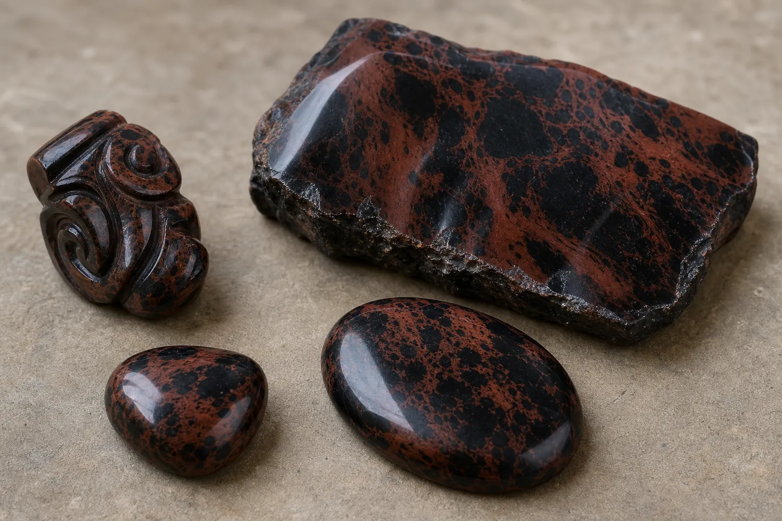 Mahogany obsidian pieces showing red-brown and black contrast for a rarity check