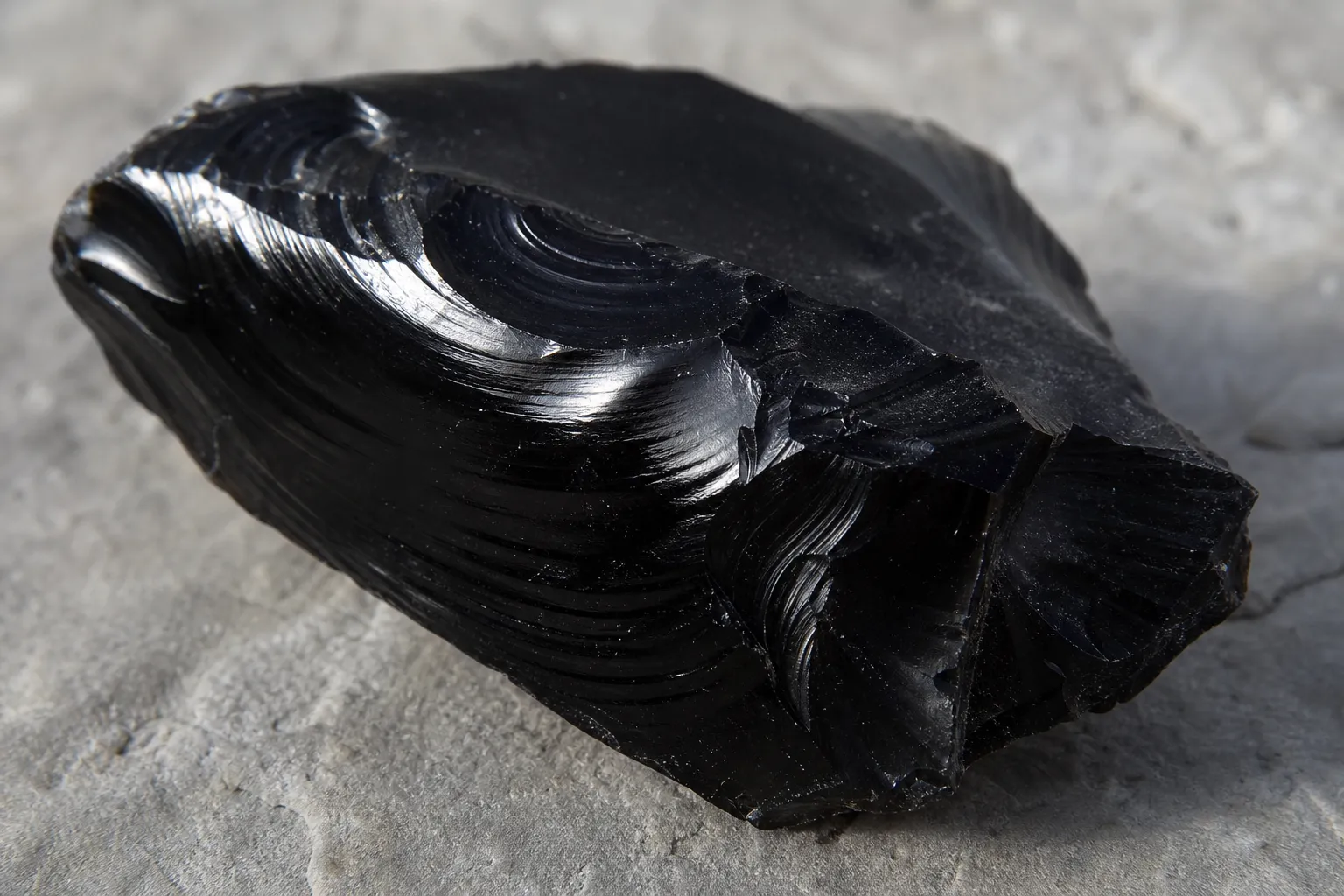 Chipped obsidian showing smooth curved fracture surfaces and sharp glassy edges