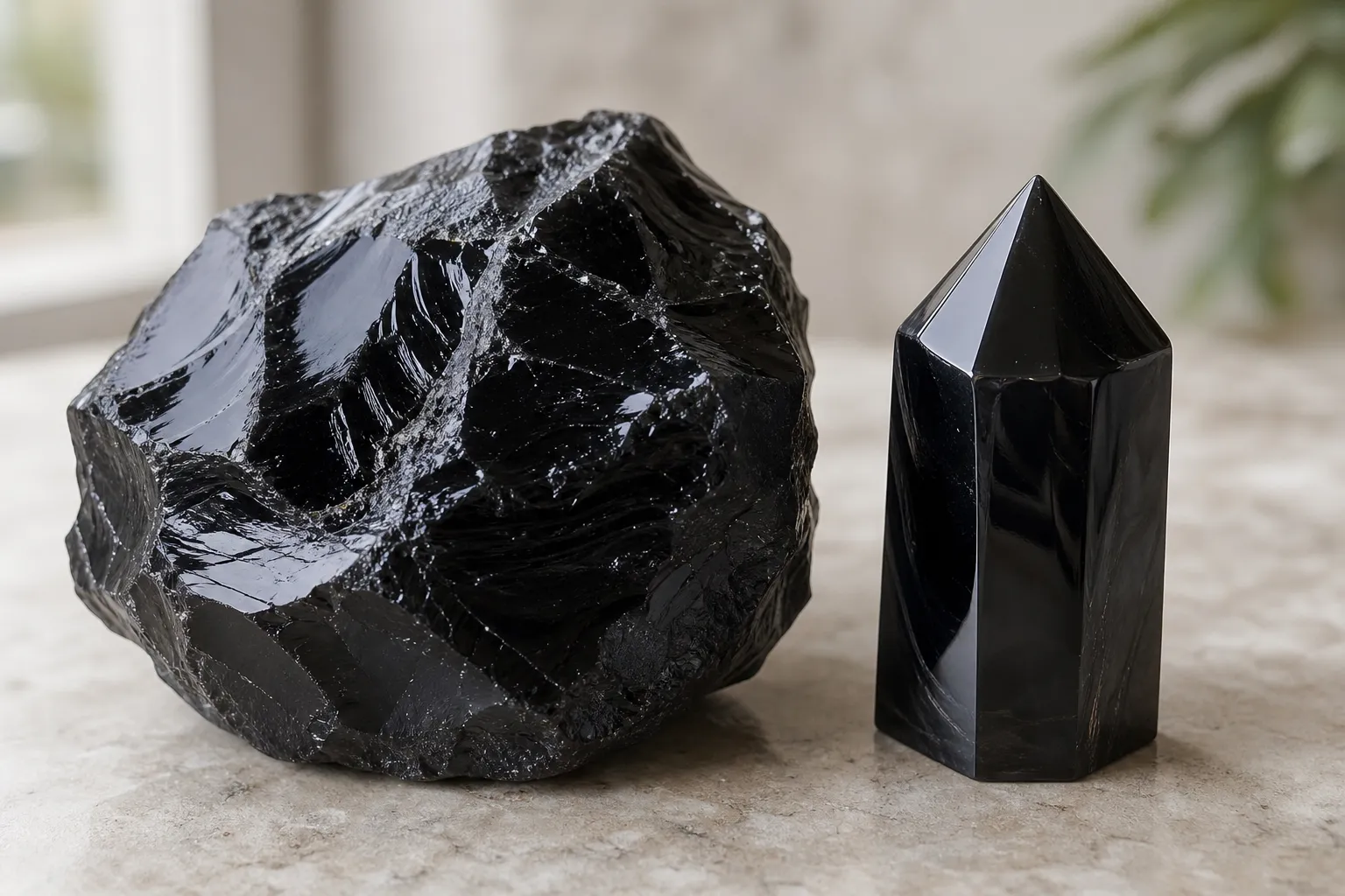 Raw black obsidian beside a carved point, showing volcanic glass material even when shaped like a crystal