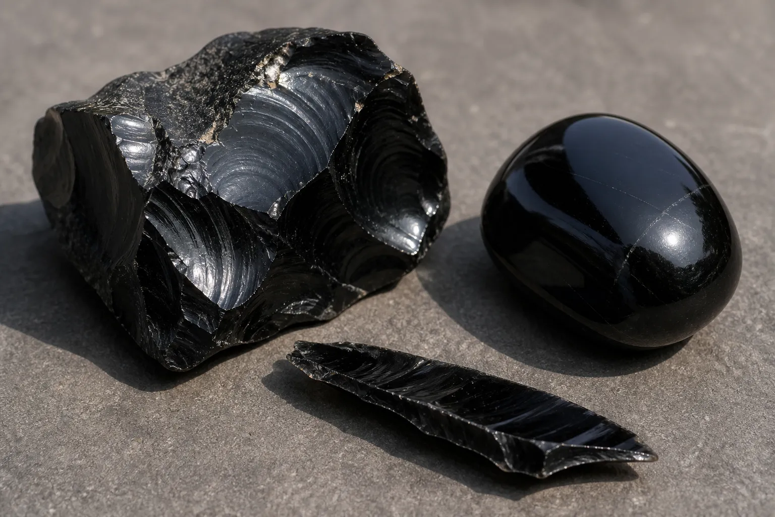 Raw and polished obsidian pieces showing glassy luster, curved fracture, and dark volcanic glass texture