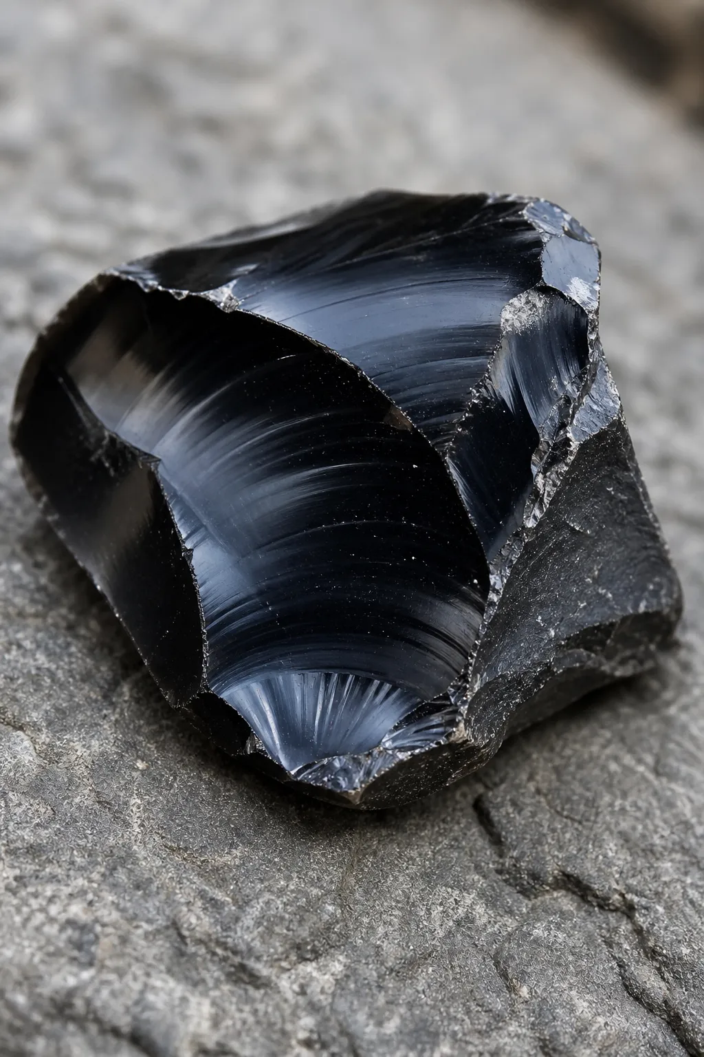 Close view of broken obsidian with smooth curved fracture and sharp edges
