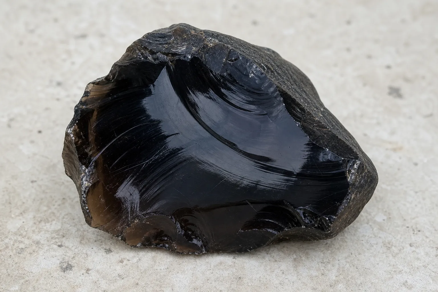 Obsidian specimen showing a dark glassy surface and curved fracture