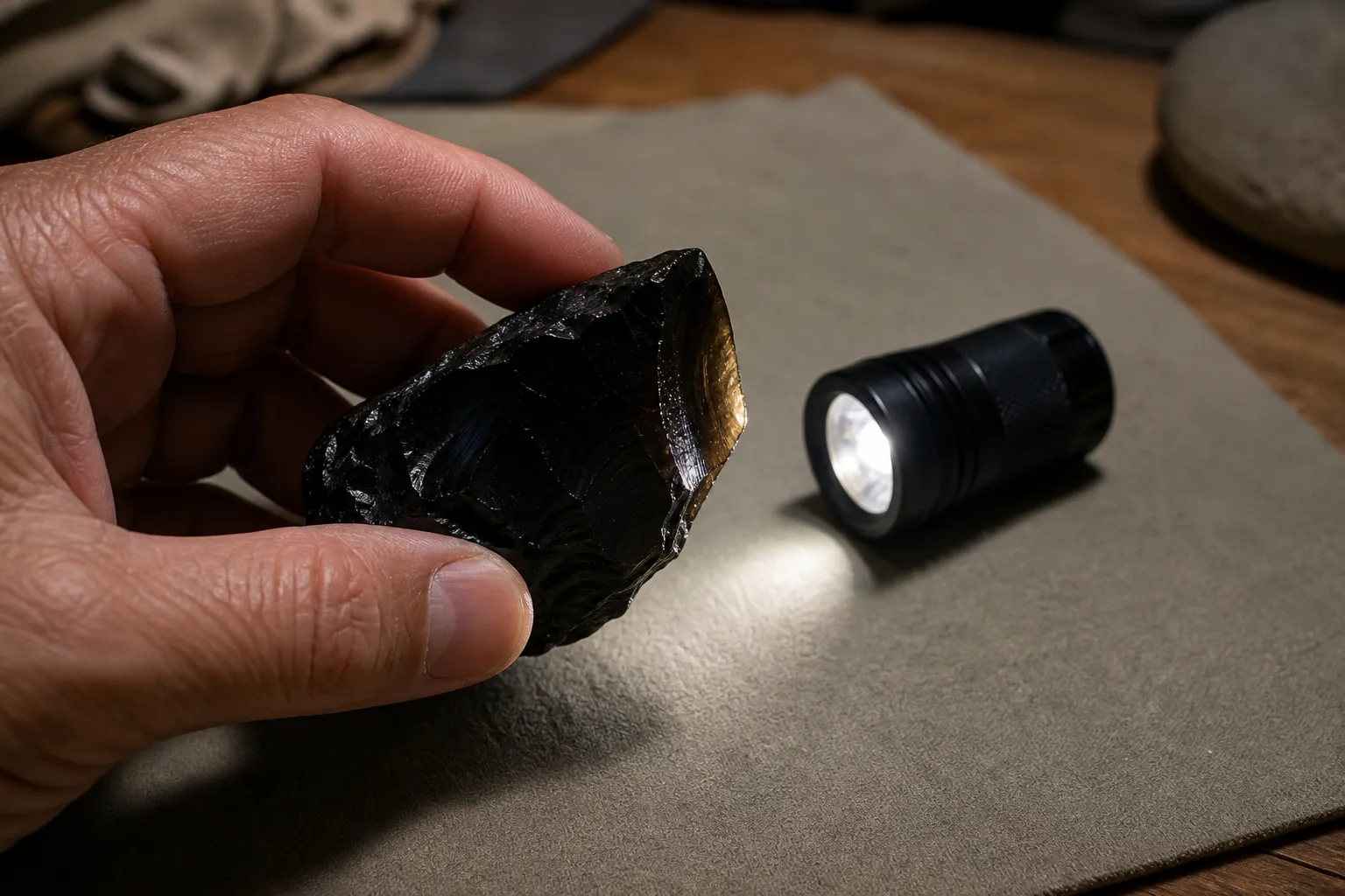 A flashlight placed behind an existing thin edge of obsidian for a non-damaging translucency check