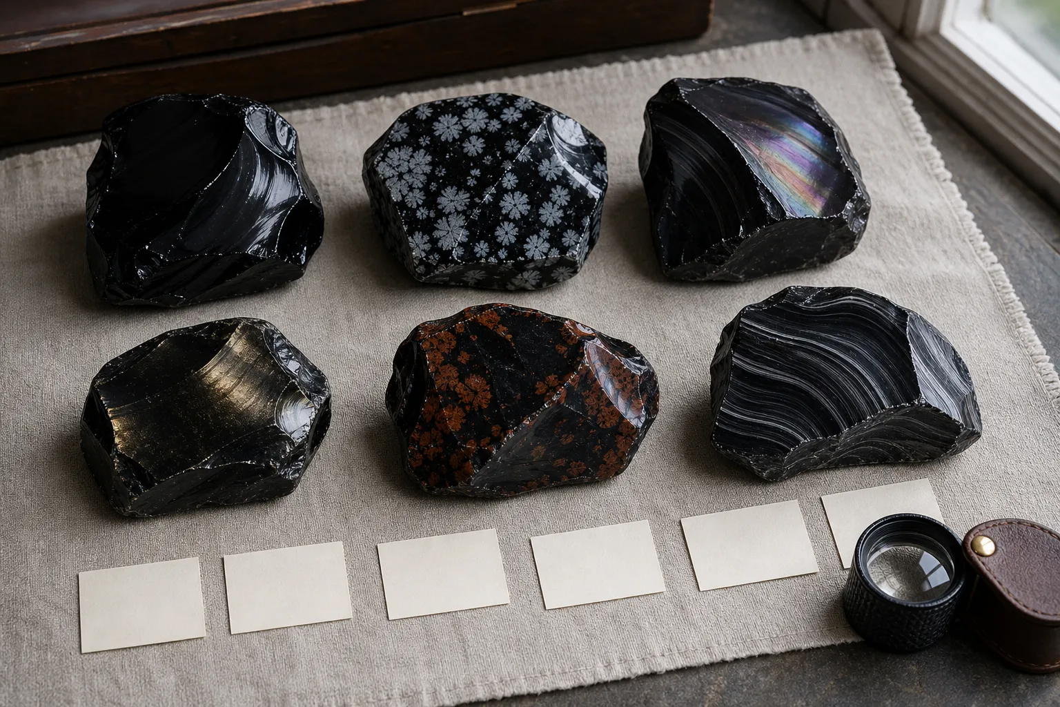 Plain black obsidian beside visually distinctive obsidian varieties for collector comparison