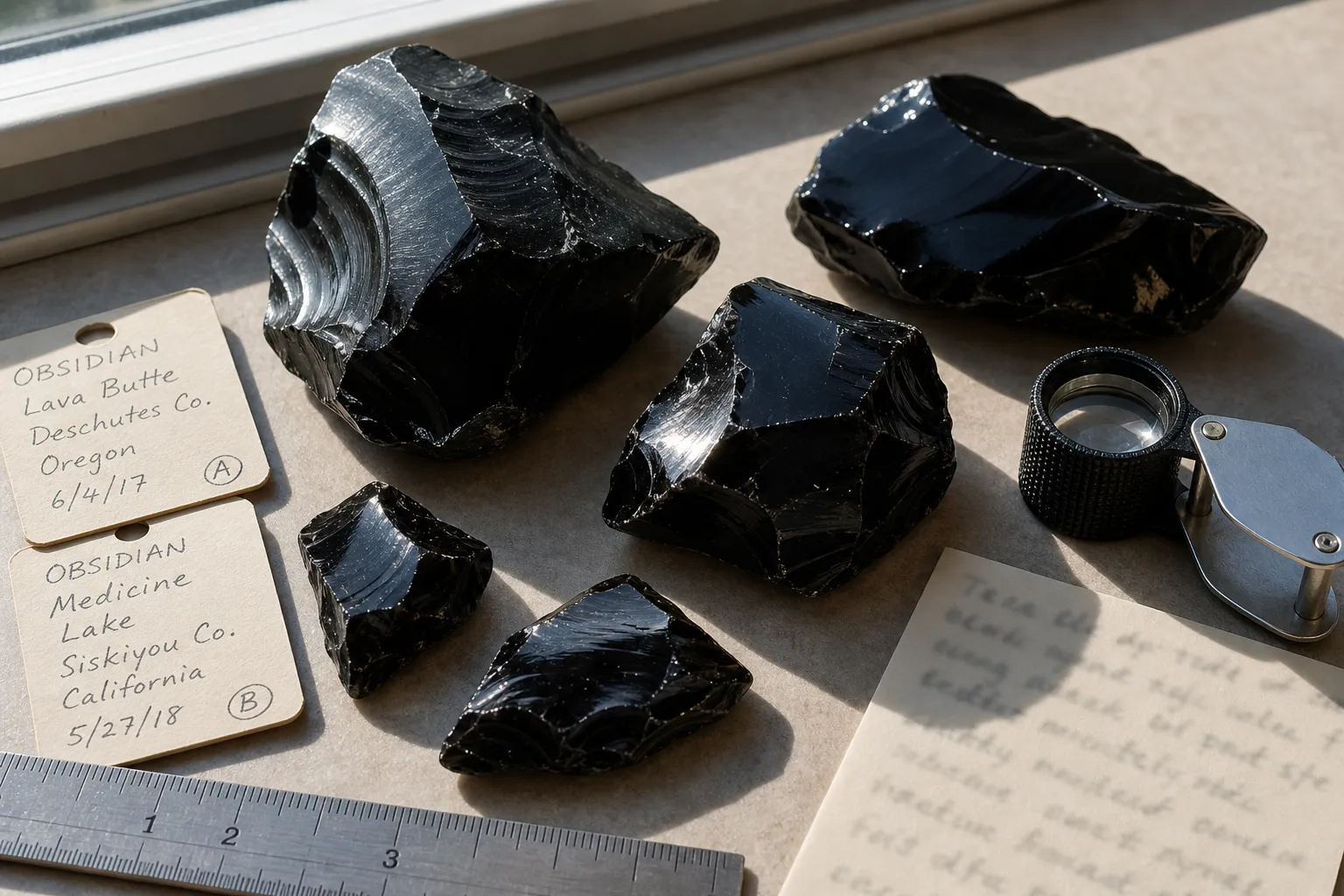 Obsidian specimens inspected for polish, visible traits, size, condition, and supported locality details