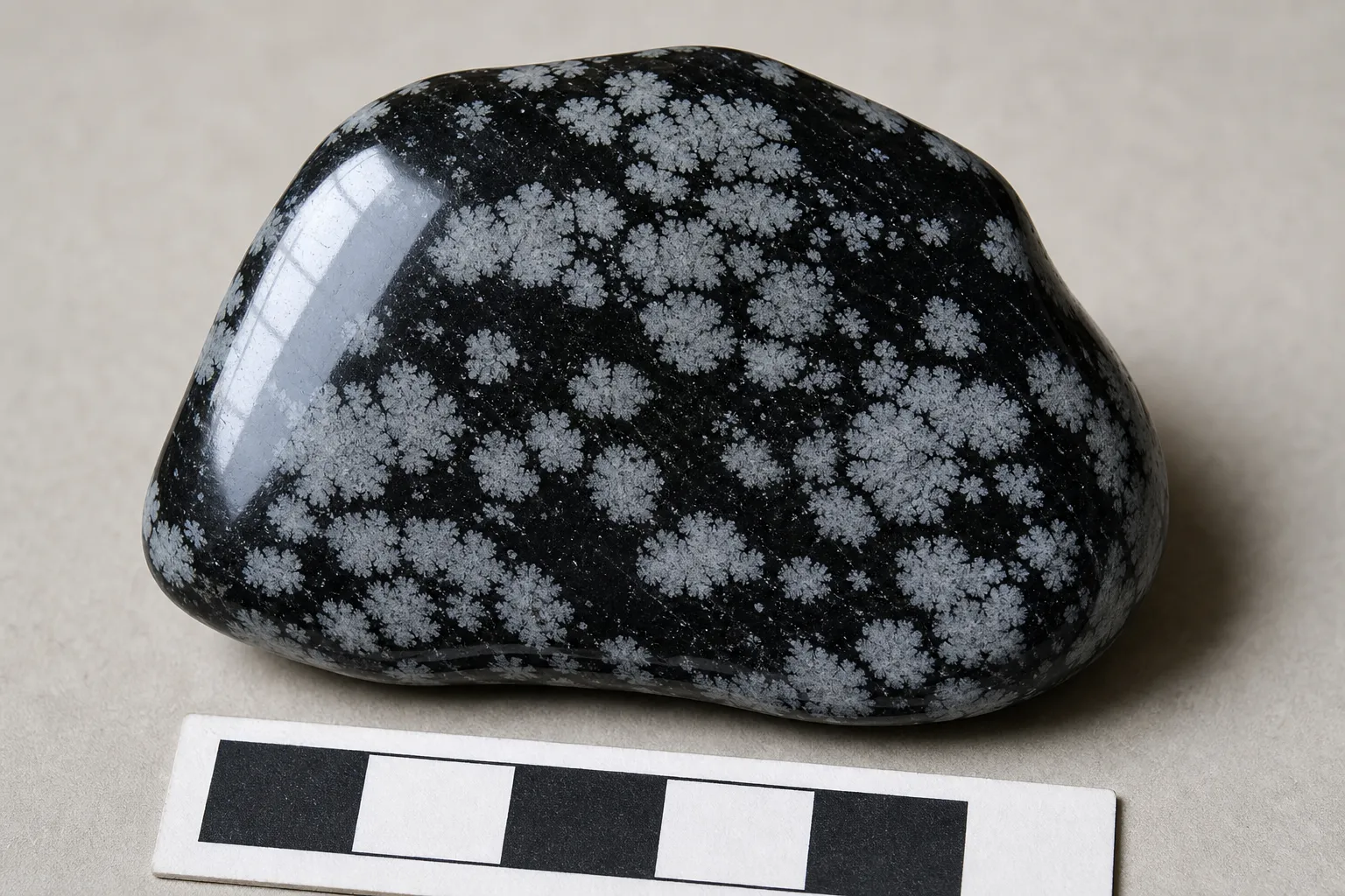 Snowflake obsidian showing a dark glassy body with pale snowflake-like markings