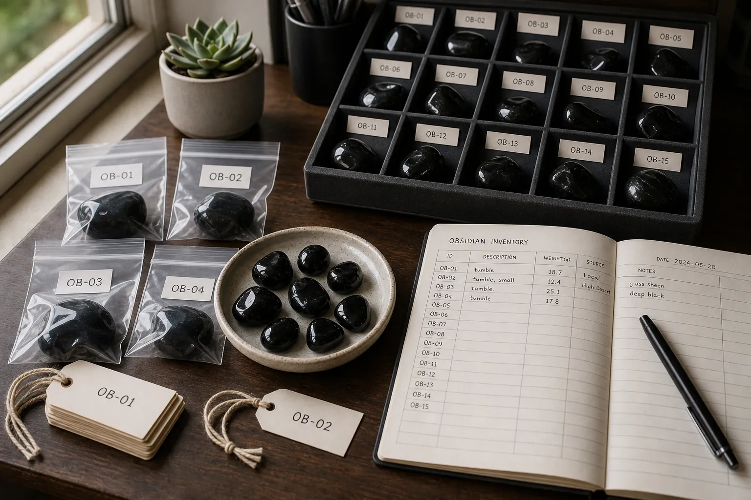Small tumbled obsidian stones kept with matching bag labels, tray notes, and inventory IDs