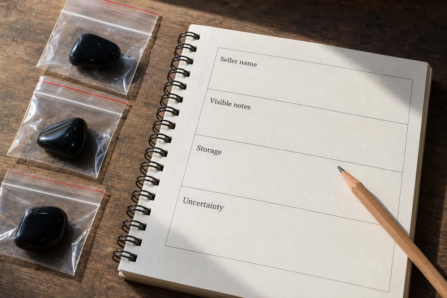 Inventory notes separating seller names, visible obsidian traits, storage location, and uncertainty