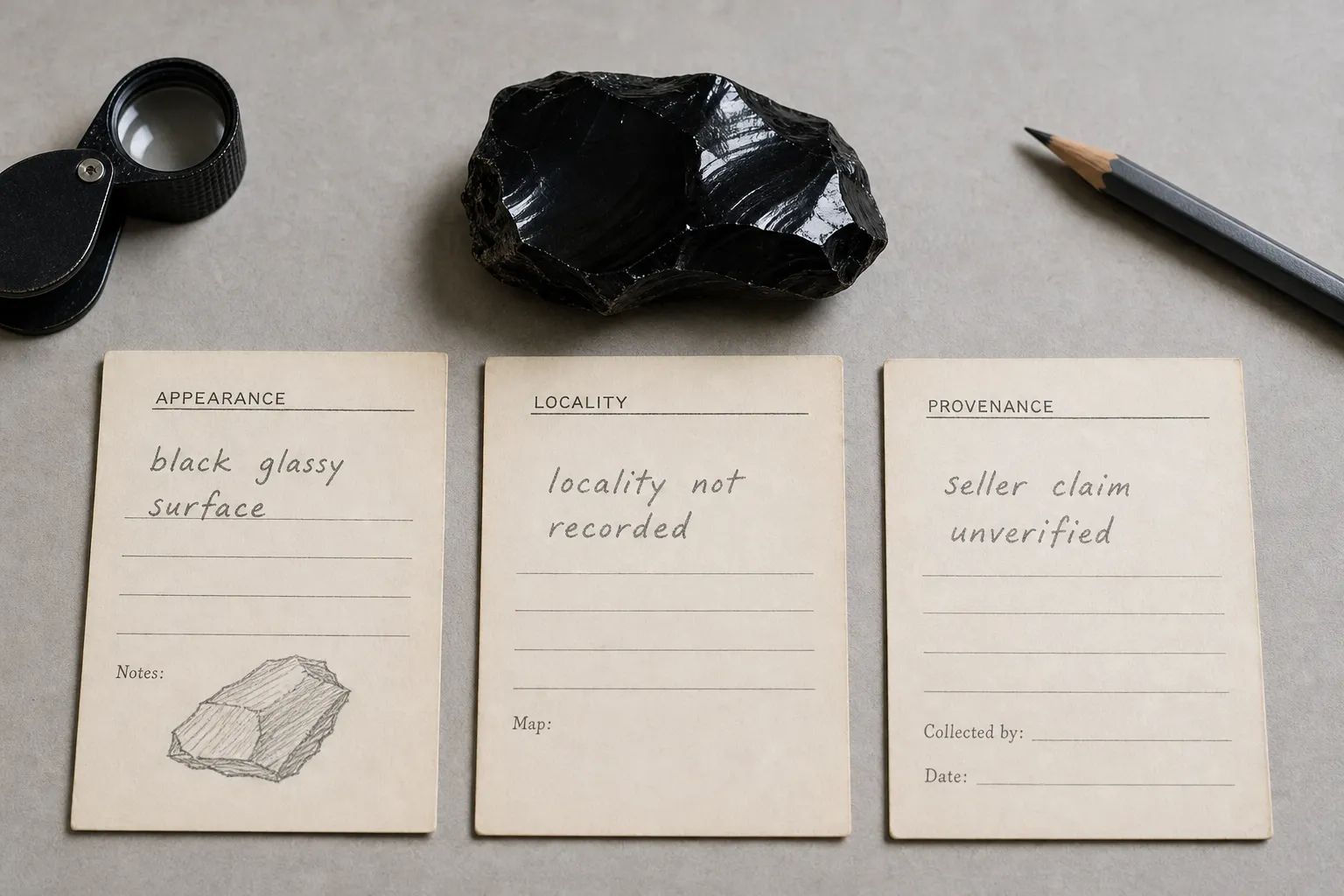 Obsidian label fields separating variety name, visible traits, locality, and provenance notes