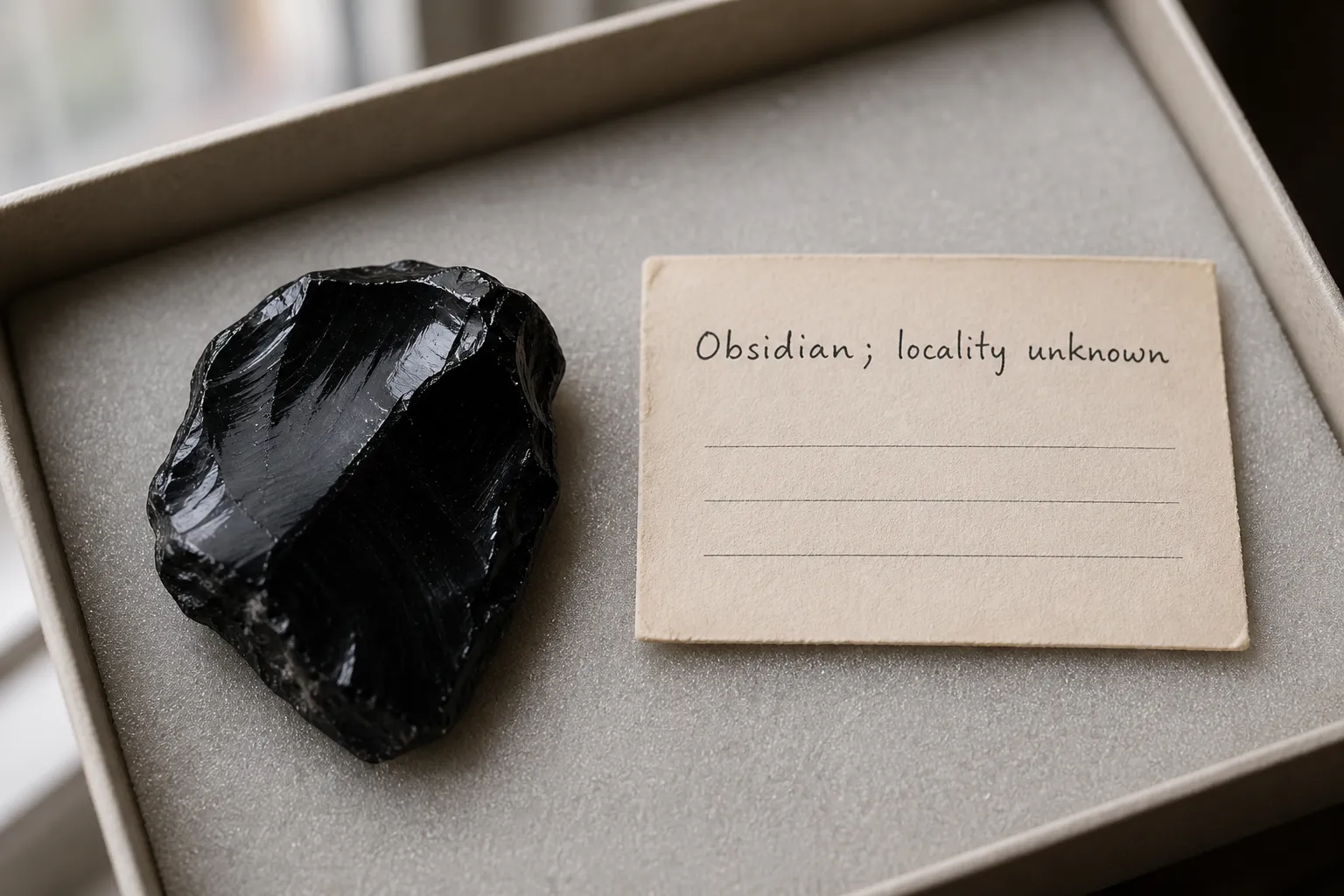 Unlabeled black obsidian specimen beside a cautious collection label noting locality unknown