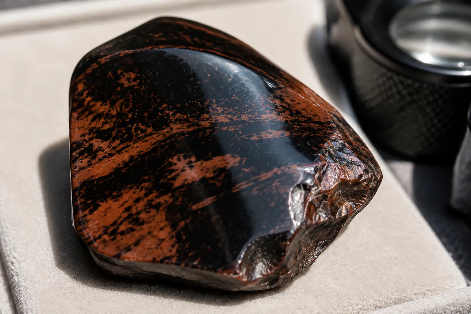 Close view of mahogany obsidian patterning and glassy fracture cues used to separate visible traits from meaning claims