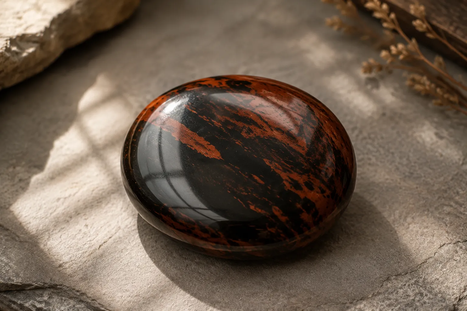 Polished mahogany obsidian showing black glass and reddish-brown patterning used as the basis for symbolic interpretation