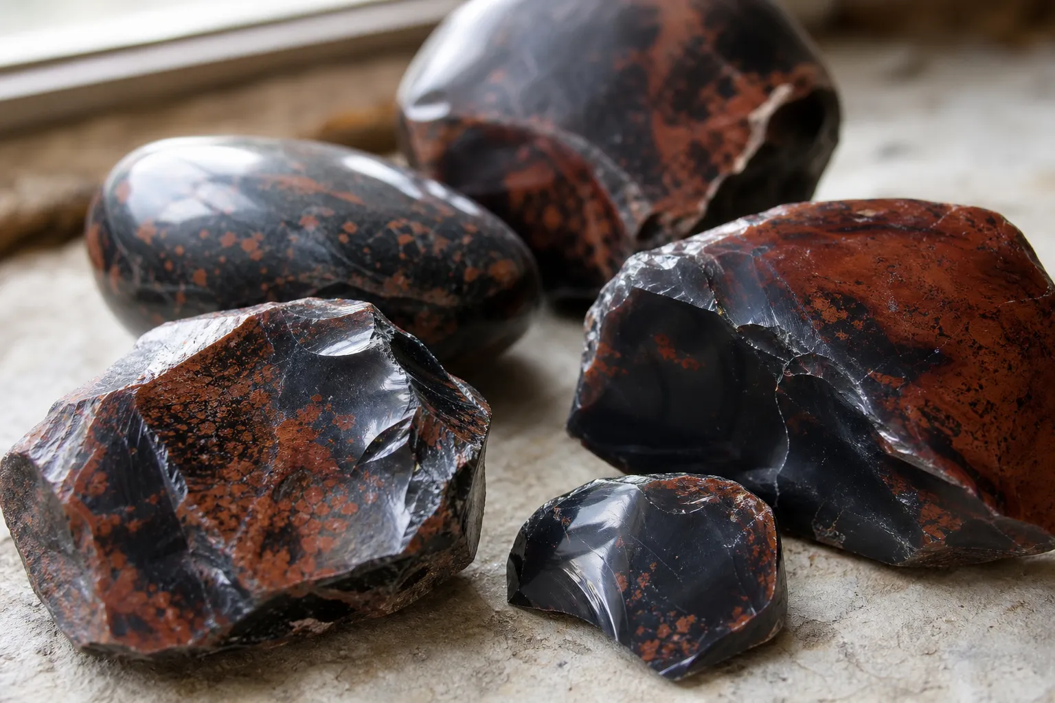 Mahogany obsidian showing red brown areas beside darker obsidian zones