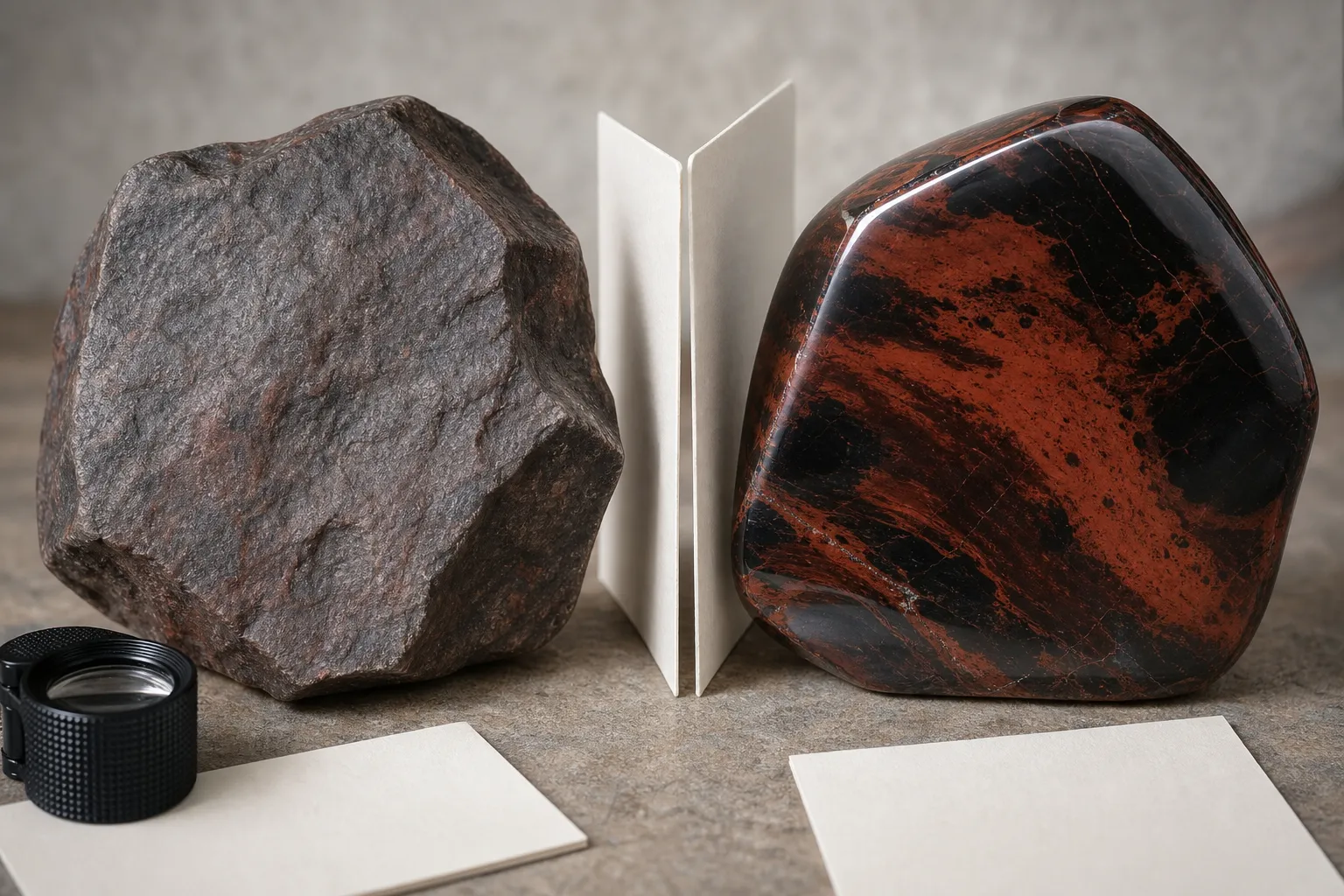 Raw and polished mahogany obsidian surfaces showing different red brown visibility