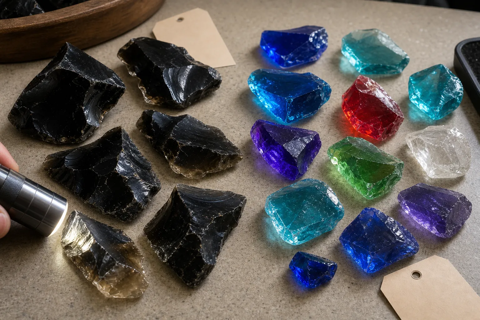 Dark obsidian compared with vivid colored glass lookalikes and thin-edge translucency clues
