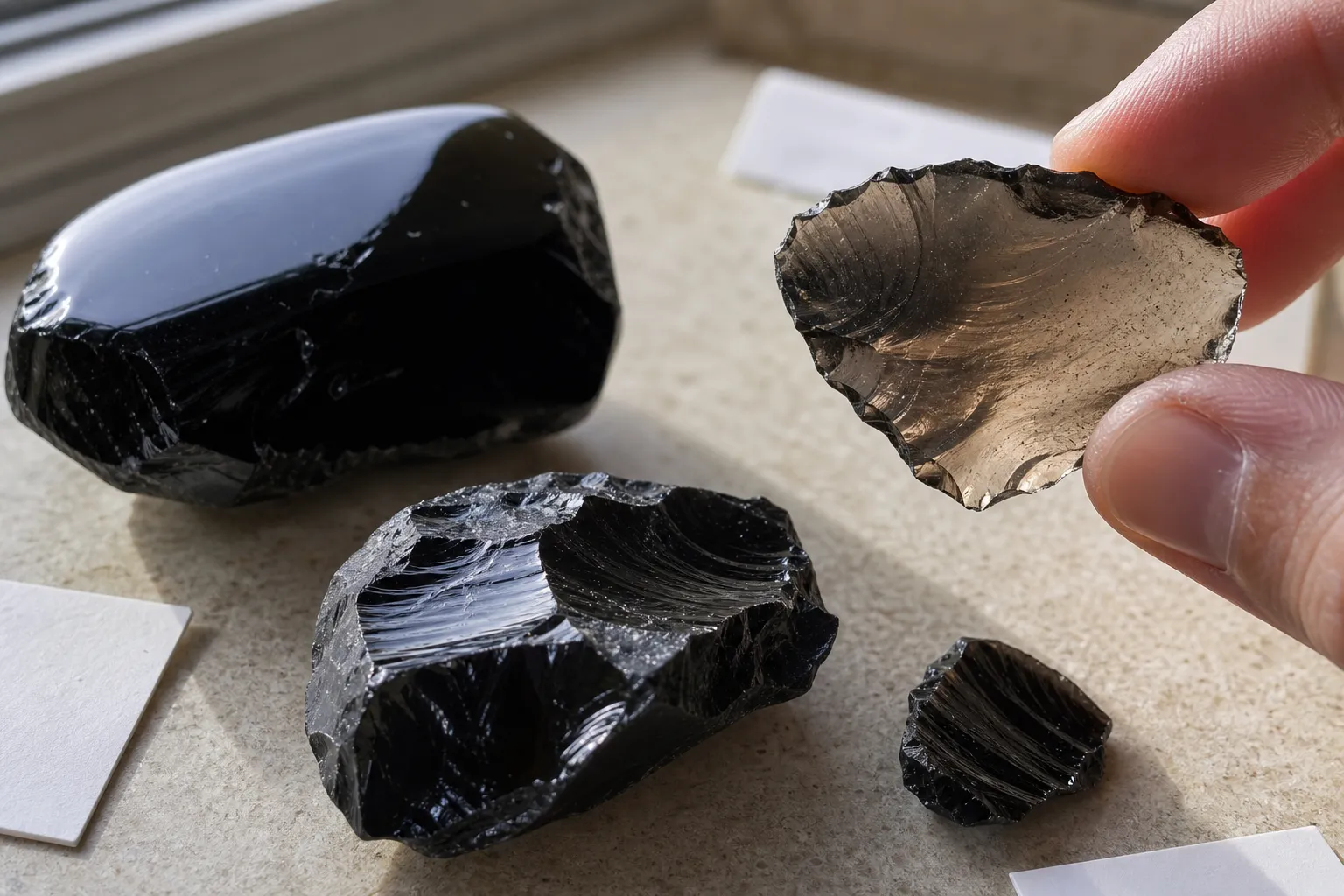 Natural obsidian pieces showing dark body color, smoky thin edges, and glossy fracture clues