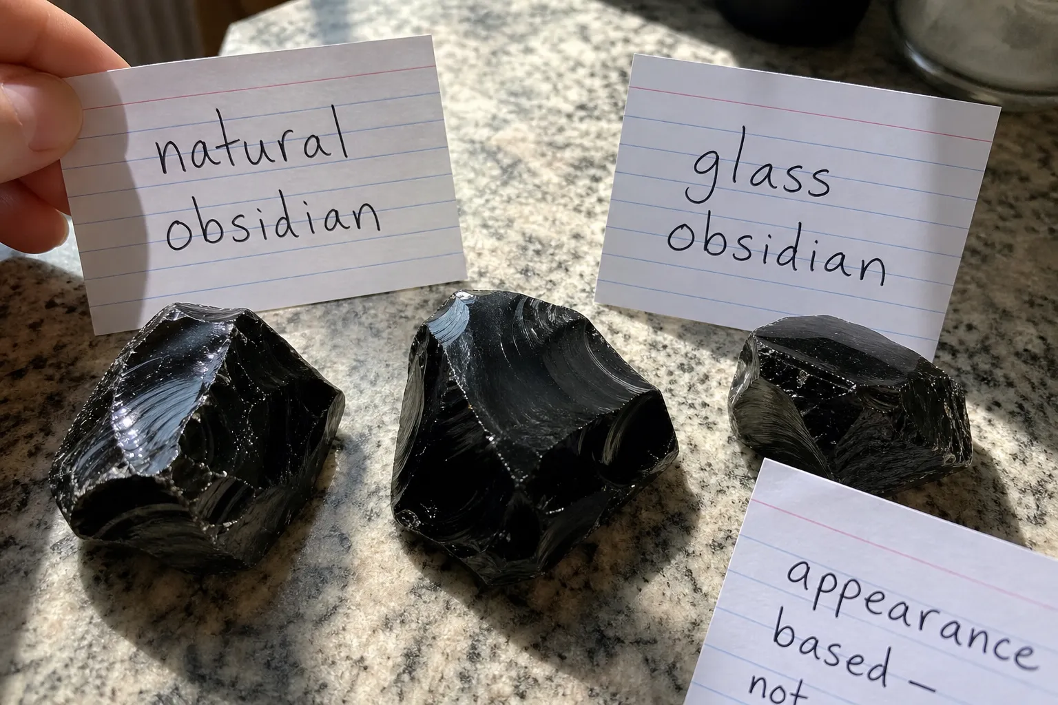 Close comparison of obsidian shopping labels beside glossy black specimens for checking wording and visible traits