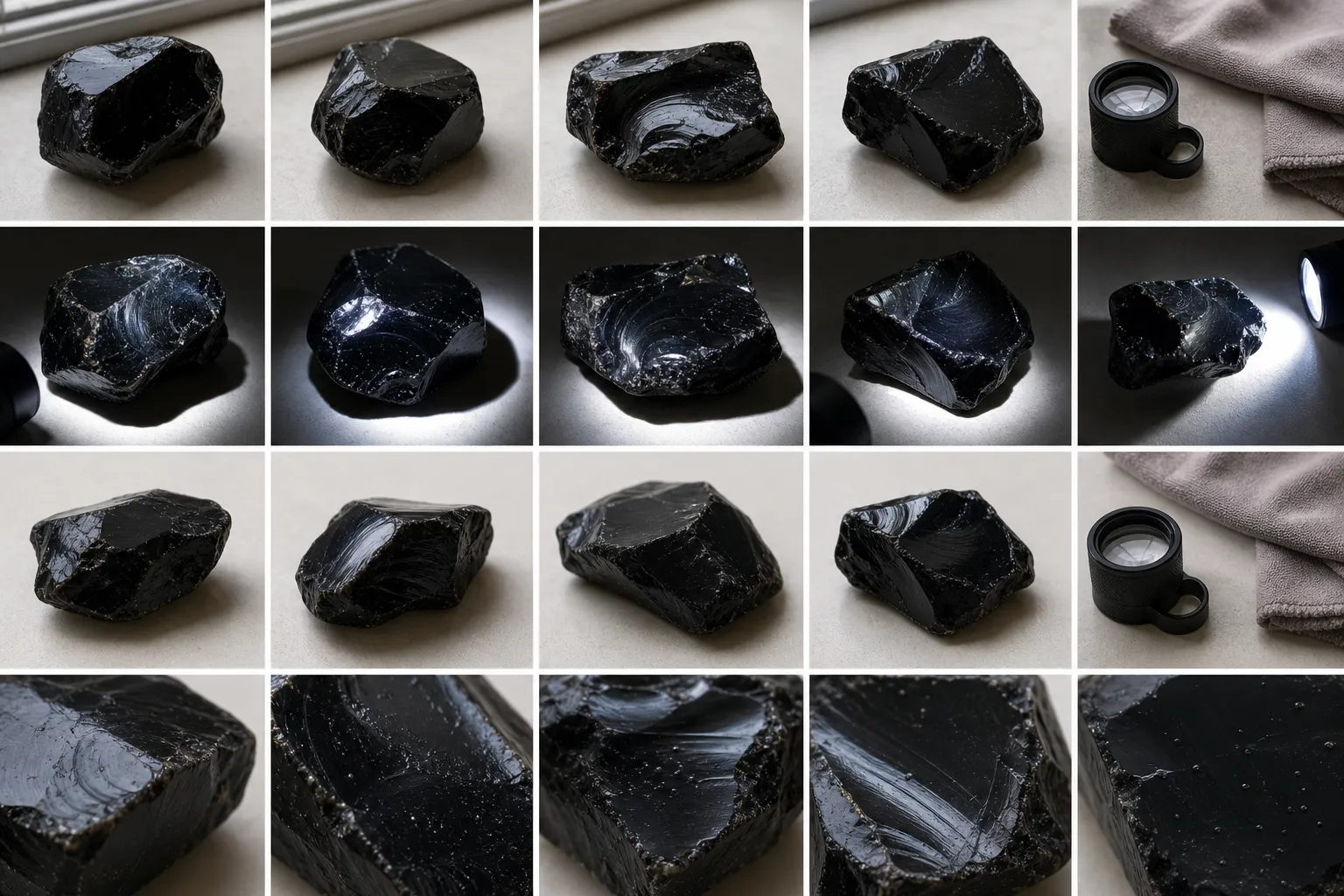 Obsidian pieces shown under different photo conditions to compare luster, variety traits, edges, and polish