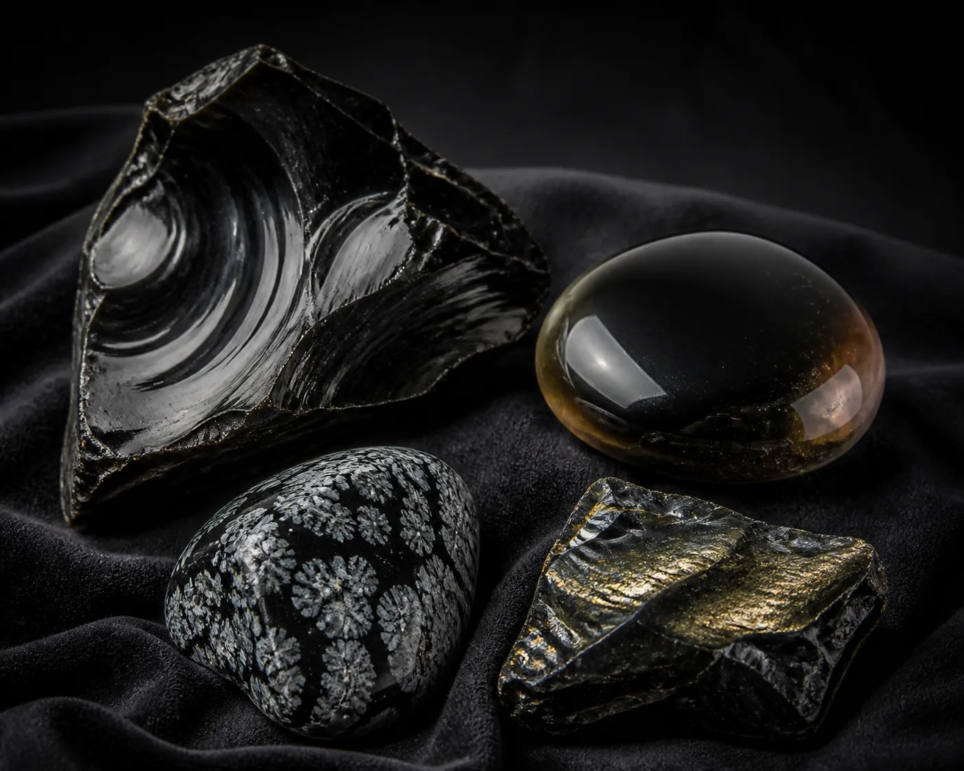 A close view of polished and raw obsidian specimens showing sheen, fracture edges, and snowflake inclusions under museum lighting