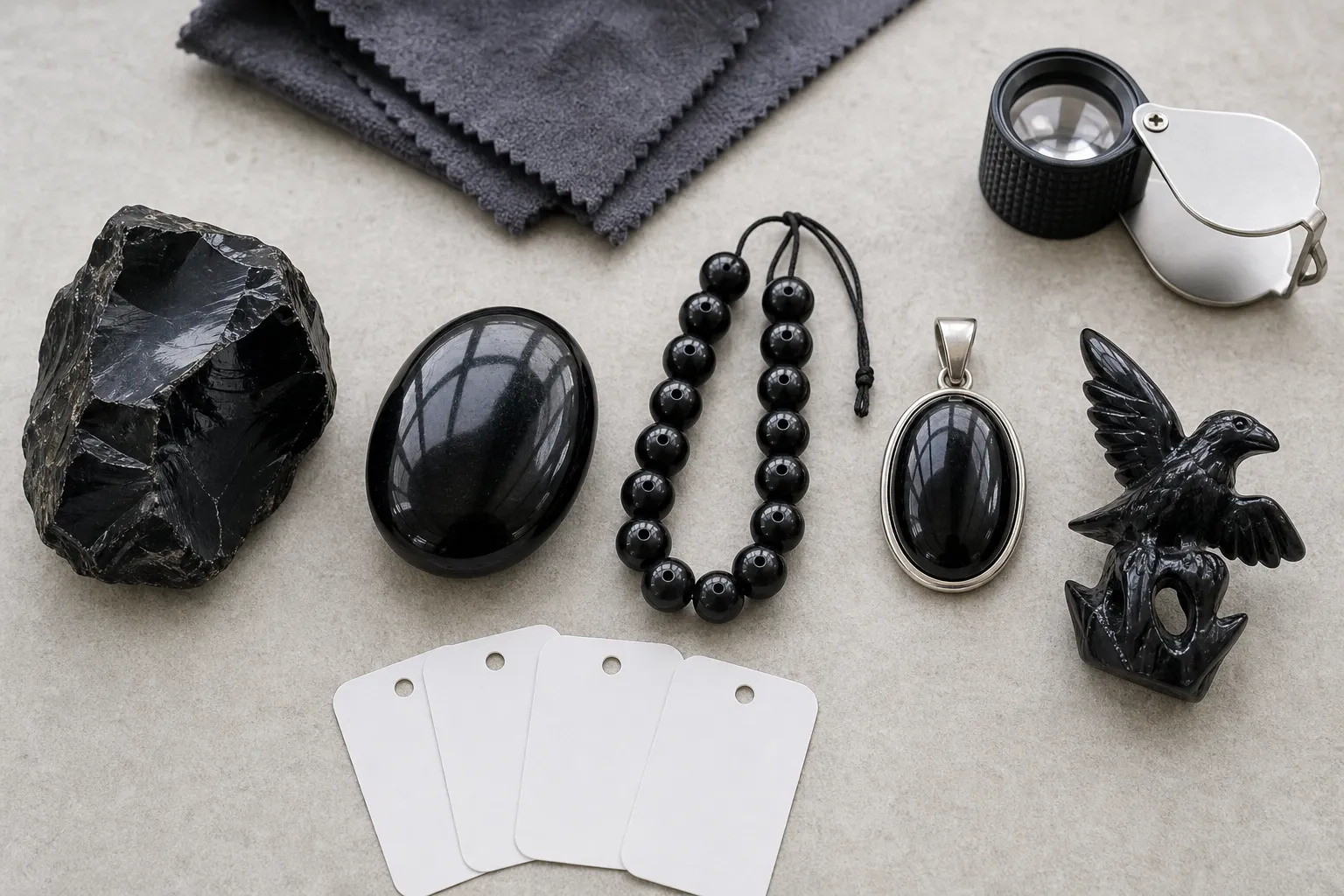 Raw obsidian, polished pieces, beads, pendants, and carvings arranged for condition comparison