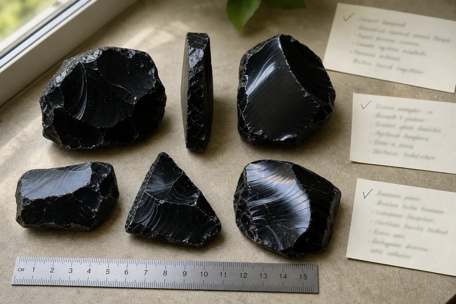 A collector compares obsidian pieces with visible scale, angles, polish, and condition details
