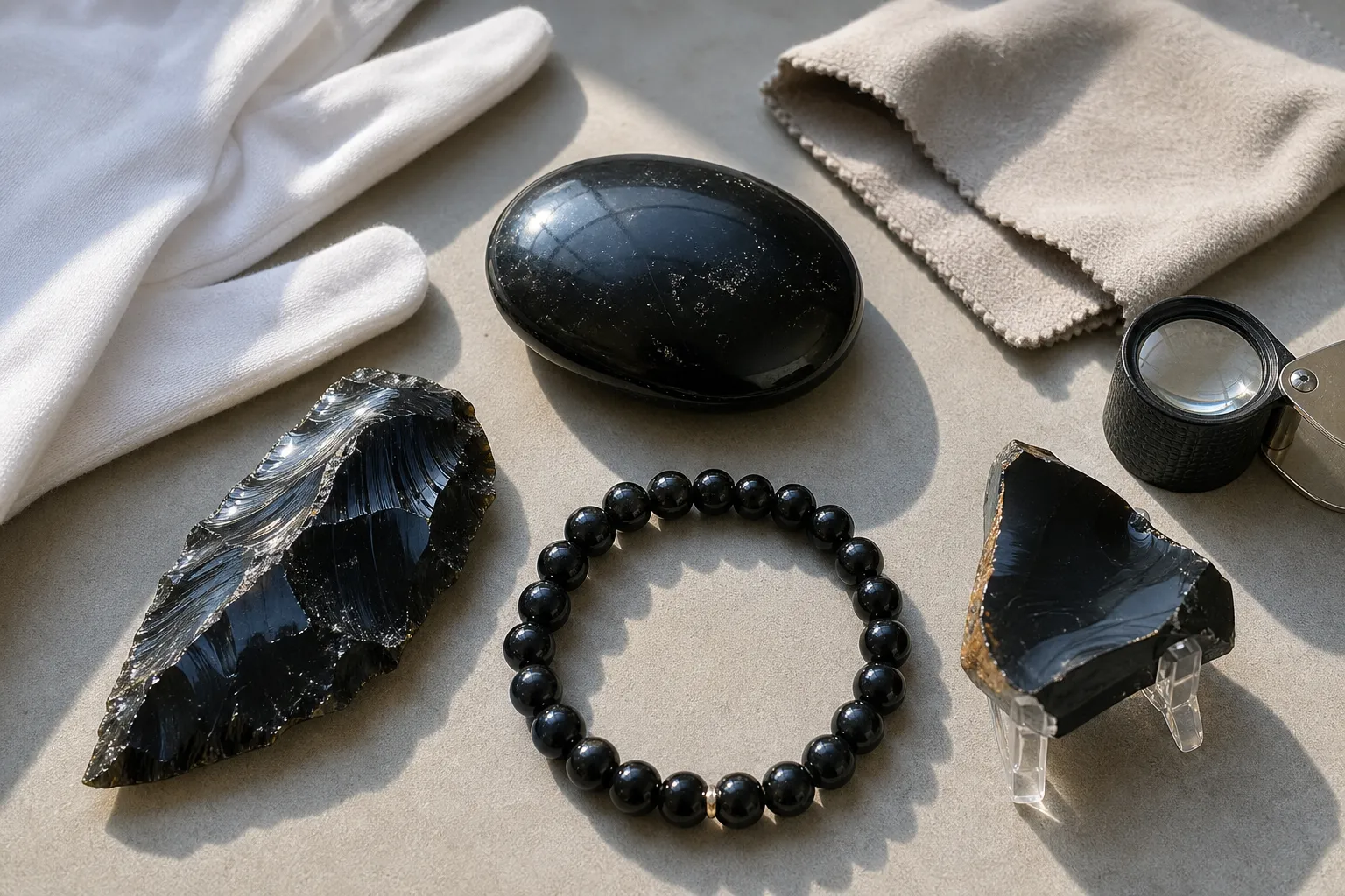Polished and raw obsidian pieces arranged for inspection of finish, edges, chips, and contact points