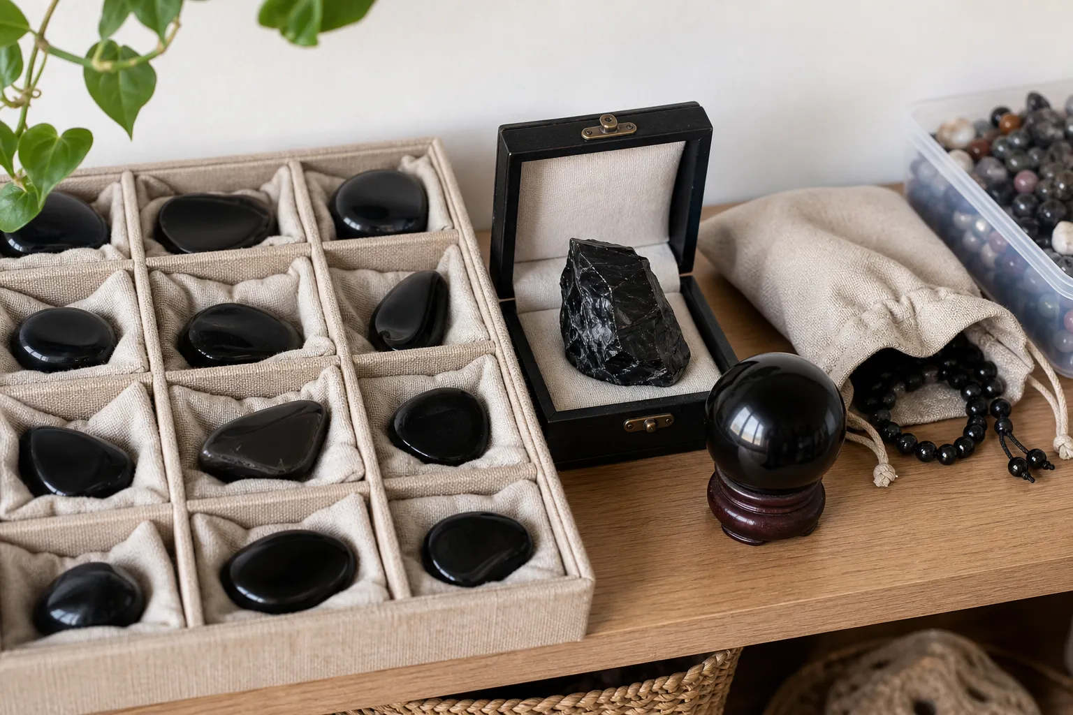 Obsidian pieces separated in trays, pouches, boxes, and stands to reduce rubbing, rolling, and impact