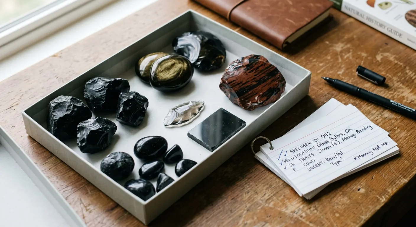 Obsidian specimens arranged for comparison by color, sheen, polish, edge condition, and label notes