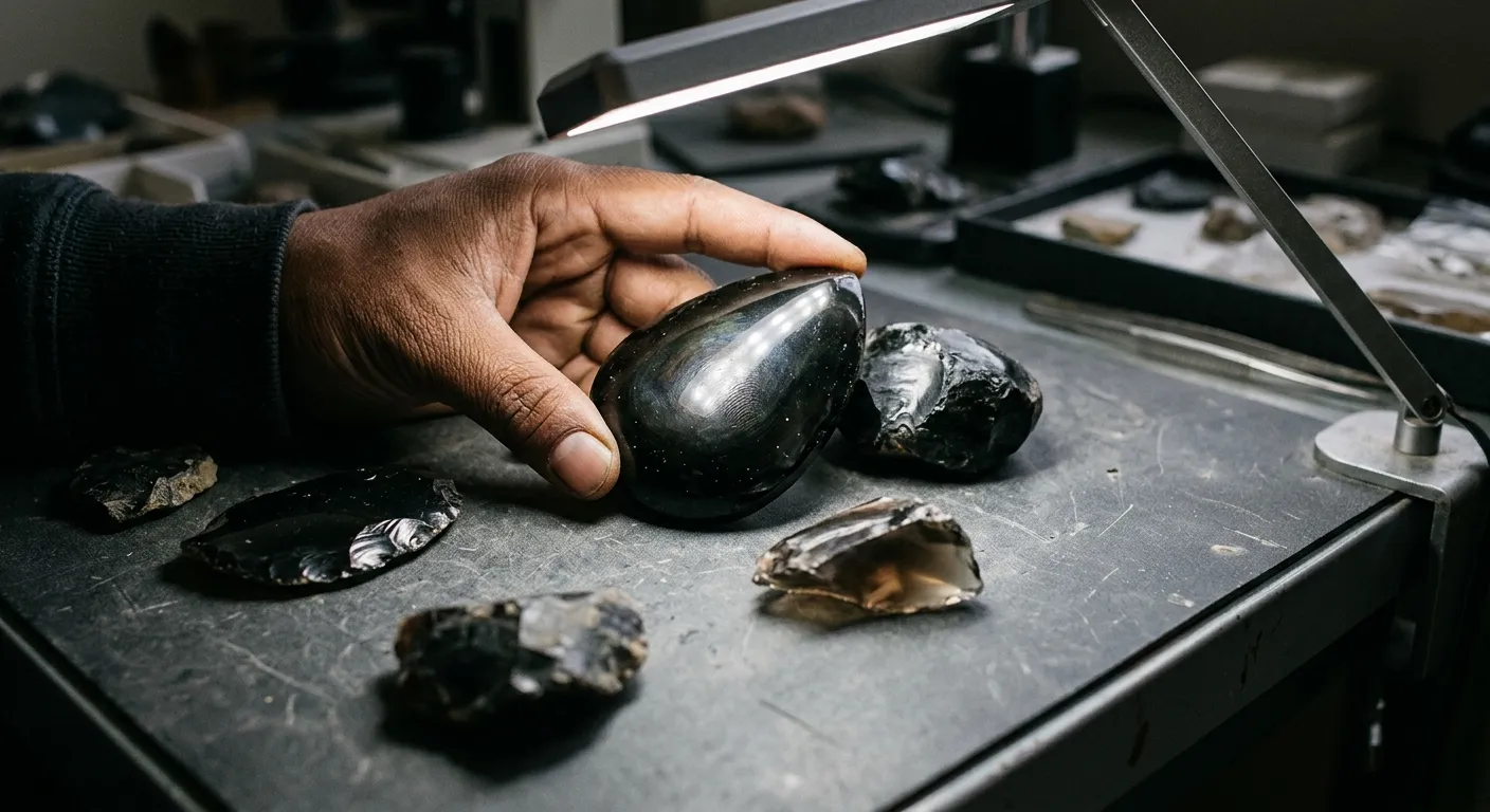 Obsidian pieces checked under angled light to compare sheen, translucency, polish, and edge condition
