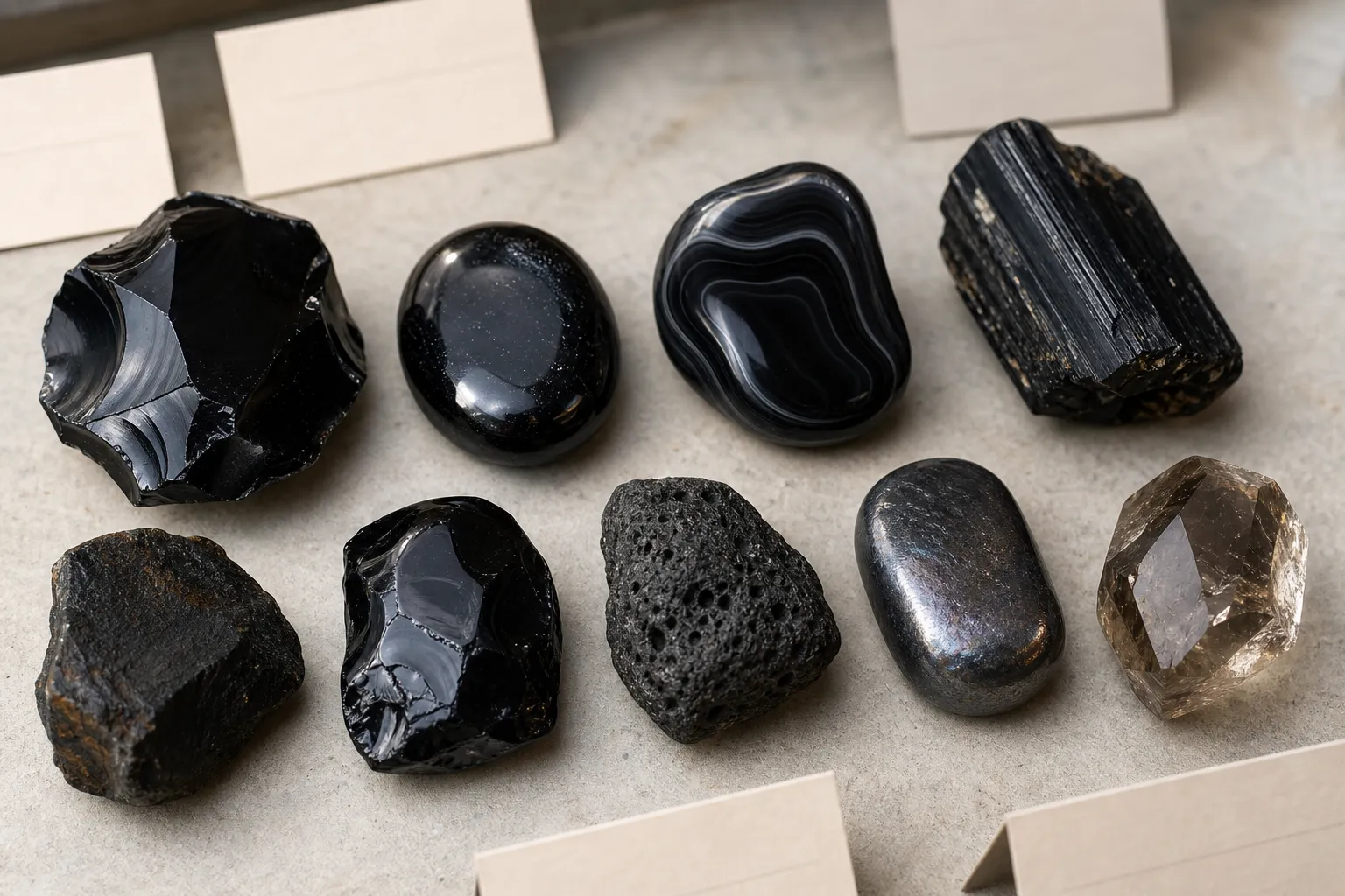Polished black obsidian compared with manufactured glass, onyx, and other glossy black stones for visible identification clues