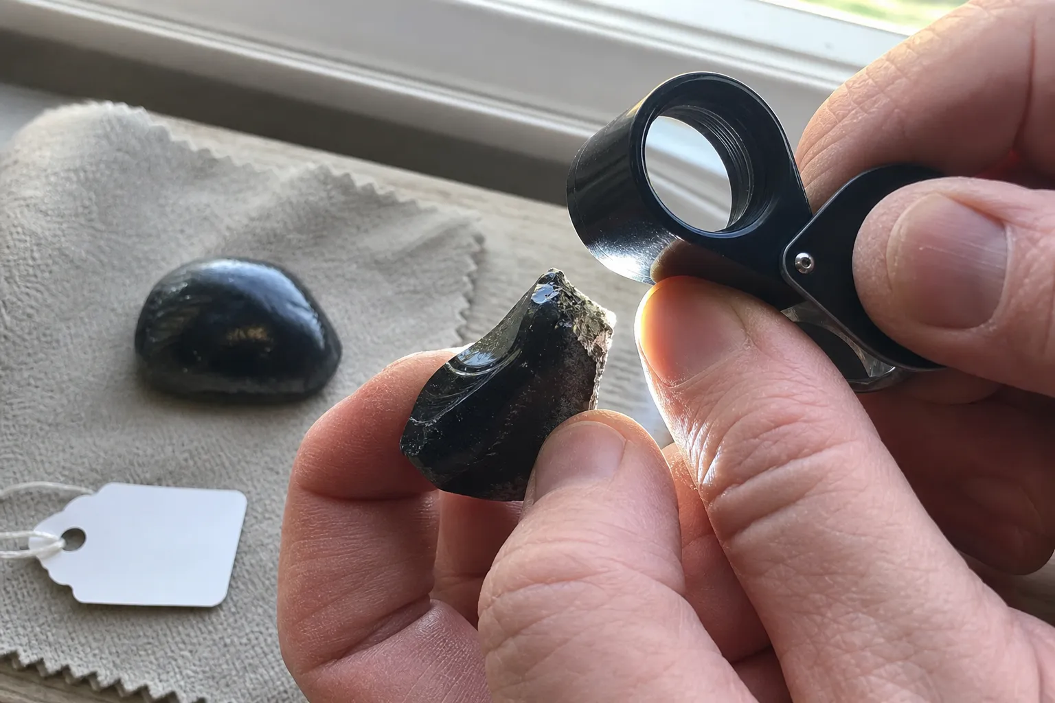A black glossy stone being inspected for edge translucency, bubbles, fracture, inclusions, and seller label uncertainty