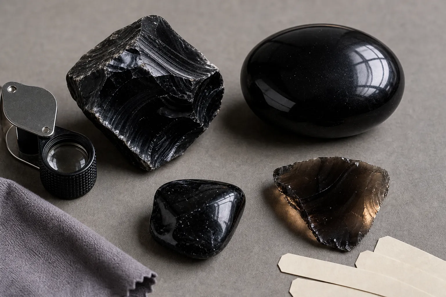 Obsidian hand samples showing glassy luster, thin edges, fresh fracture, and polished surfaces