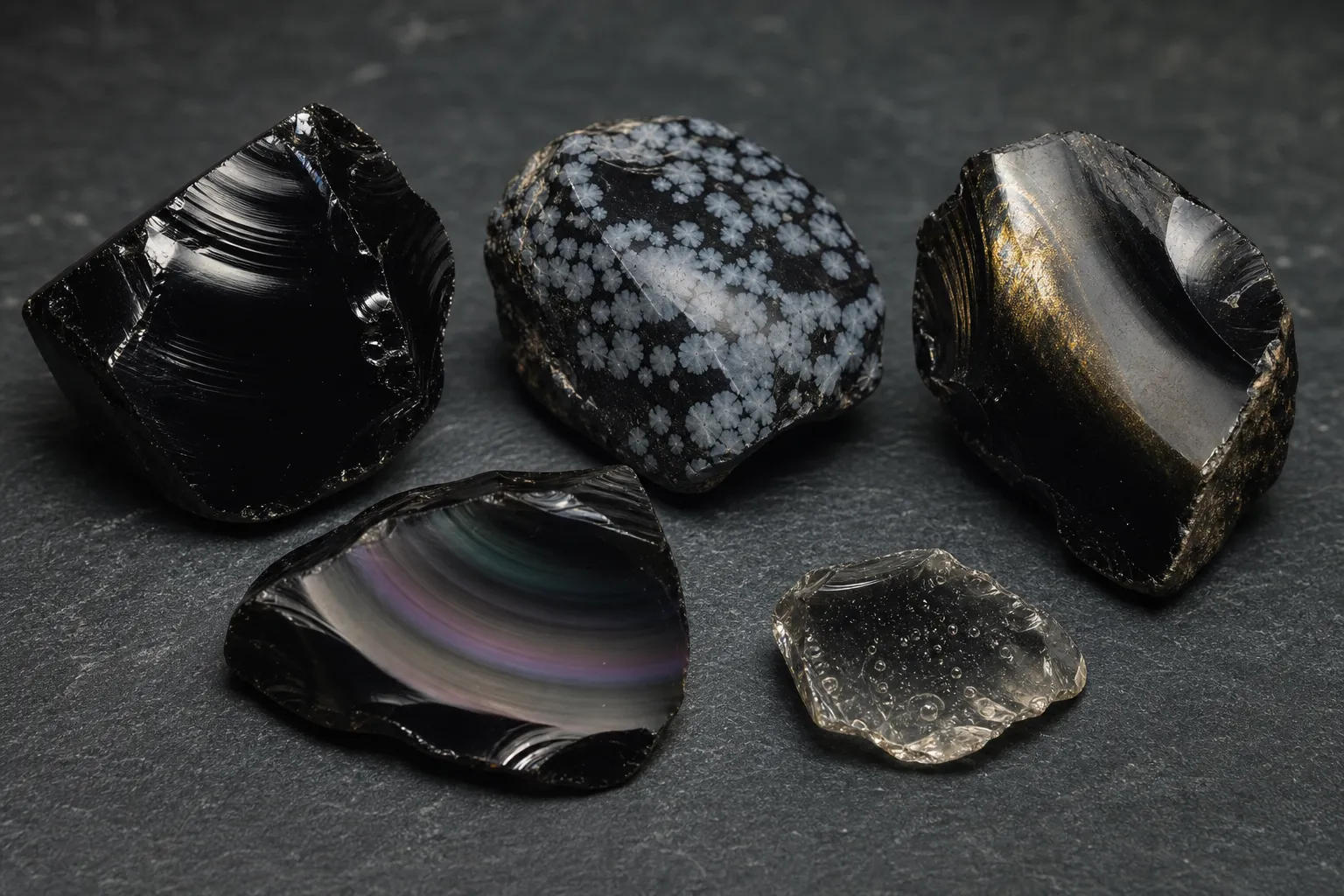 Obsidian variety cues including snowflake inclusions, golden sheen, rainbow bands, and tiny bubbles