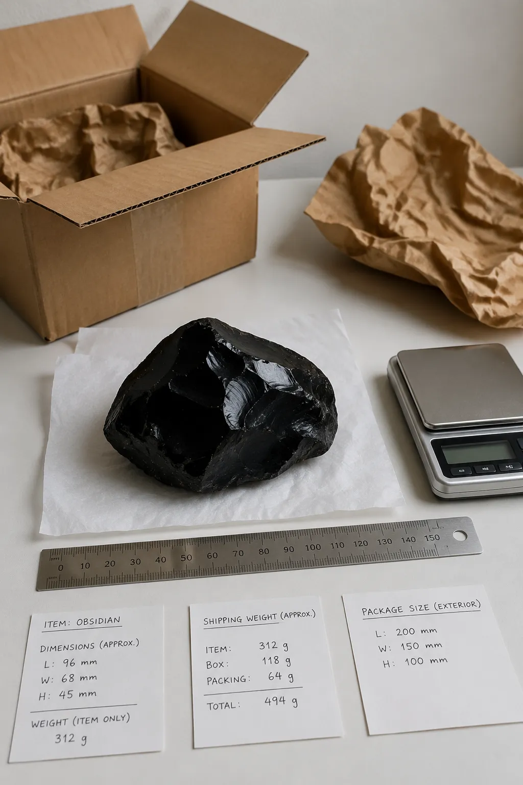 Obsidian specimen with separate notes for item dimensions, shipping weight, and package size