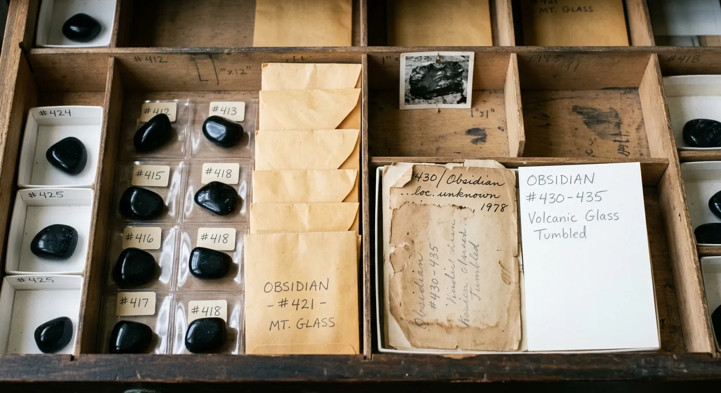 Small tumbled obsidian stones kept in separate packets with original and modern labels to avoid record mixups