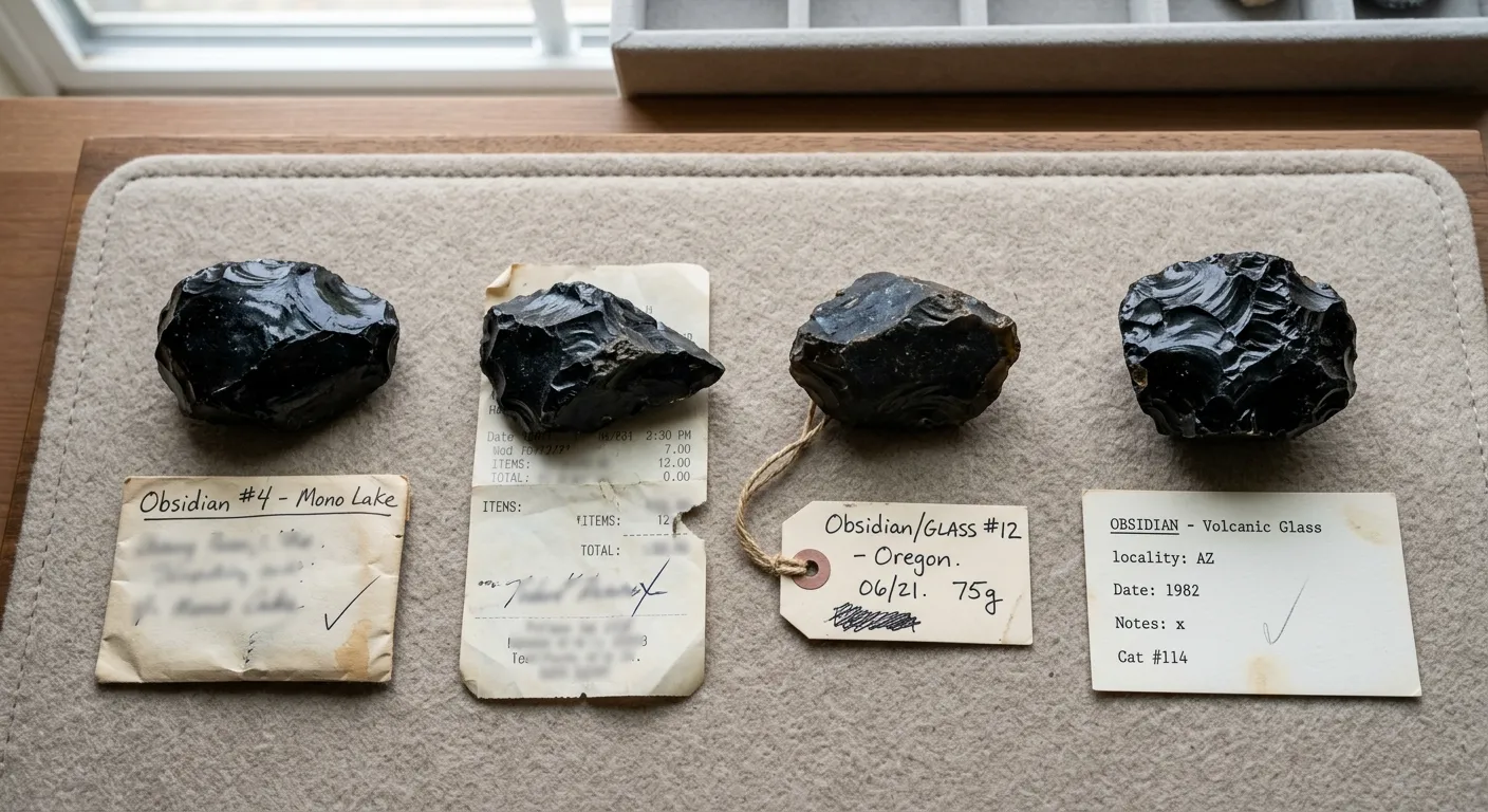 Obsidian specimens arranged with labels, packets, receipts, and catalog notes showing separate documentation claims