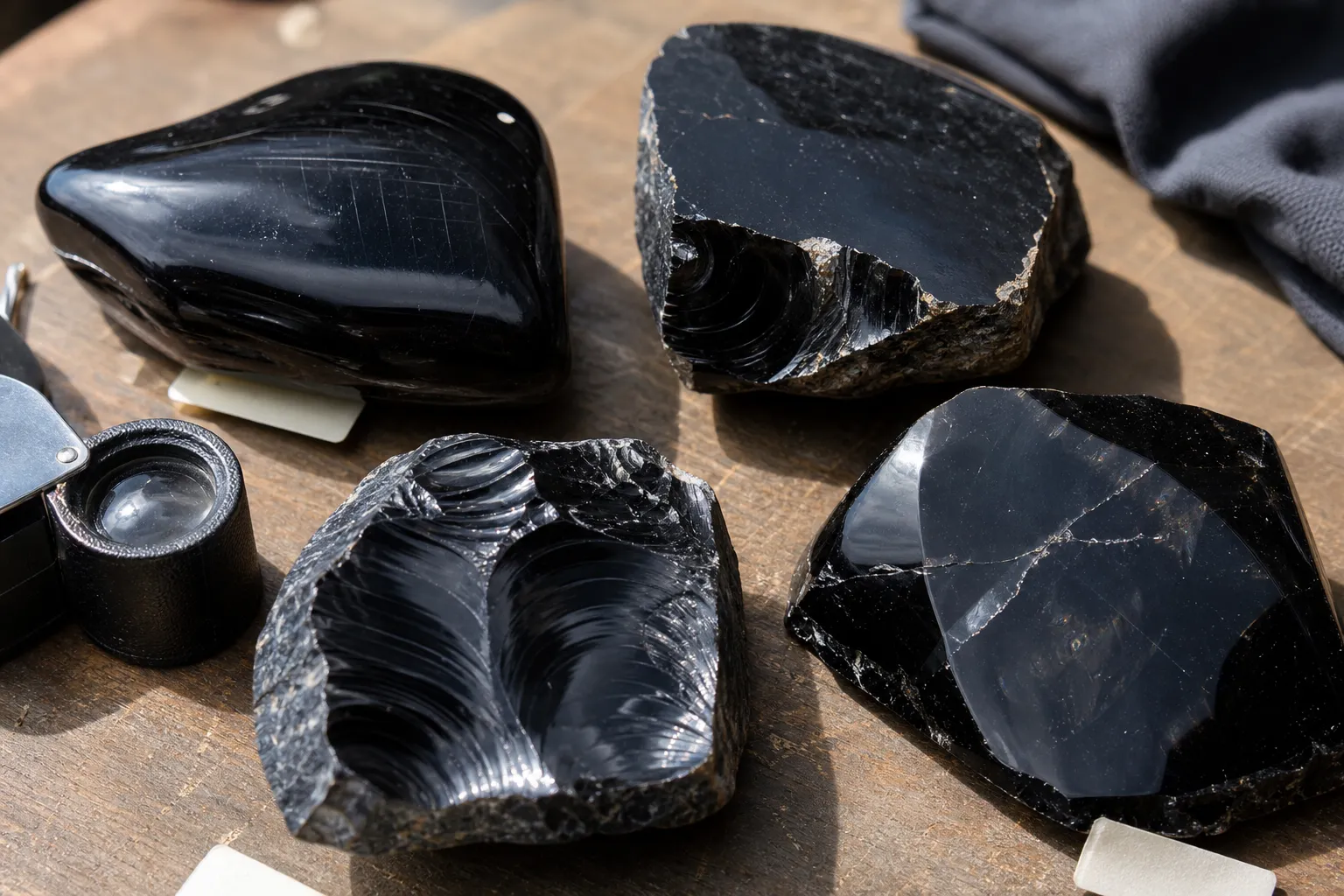 Close inspection of obsidian surfaces showing chips, scratches, cracks, polished areas, and natural fracture faces