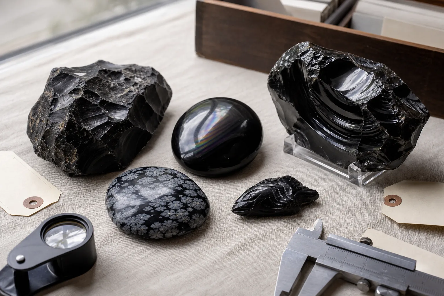 A collector grouping of obsidian pieces showing raw fracture, polished sheen, snowflake patterning, and carved workmanship