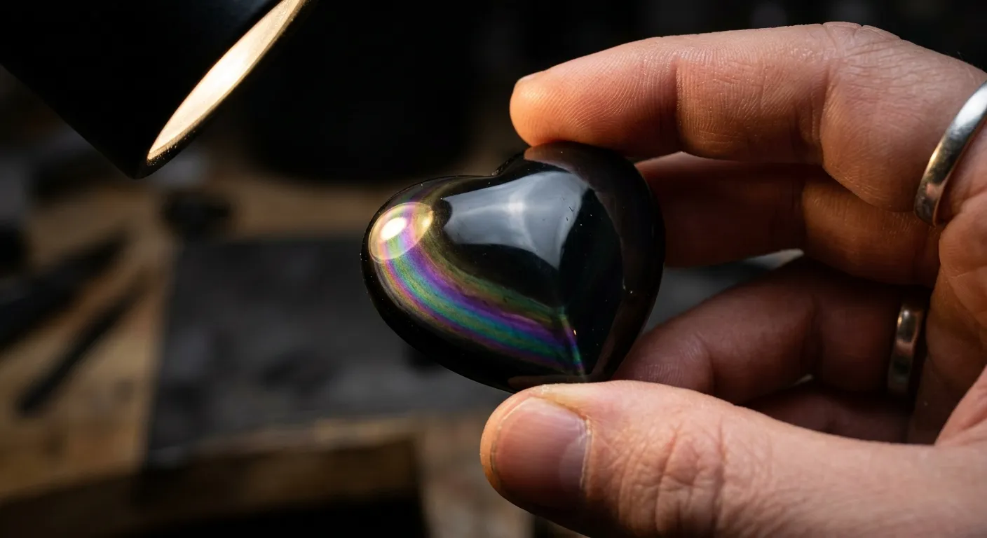 Polished obsidian tilted under directional light to show angle-dependent sheen and dark body color