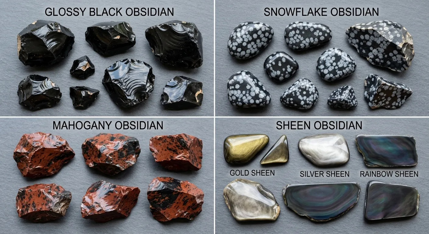 Obsidian specimens showing black, snowflake, mahogany, rainbow sheen, gold sheen, and silver sheen visual differences