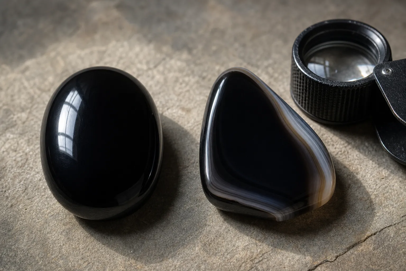 Polished black obsidian and black agate compared by edges, banding, and glossy surfaces