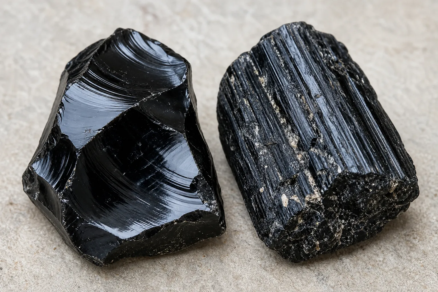 Rough obsidian and black tourmaline hand samples compared by glassy fracture and ridged crystal texture