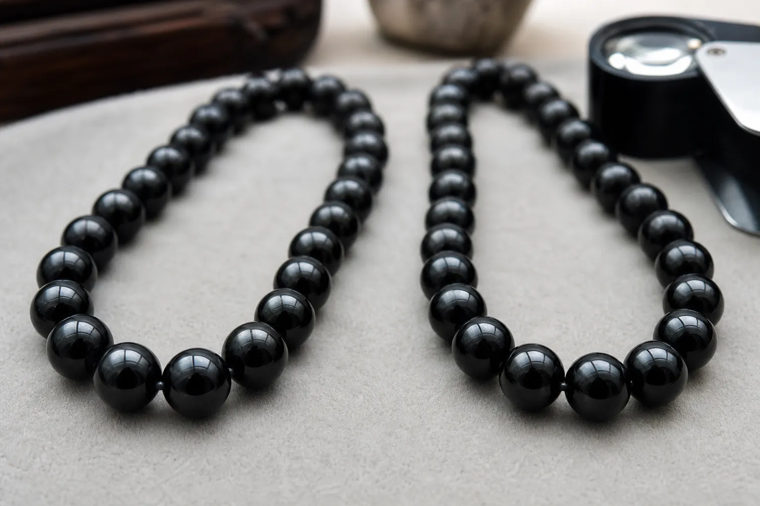Polished black beads where obsidian and black tourmaline are harder to separate by appearance alone