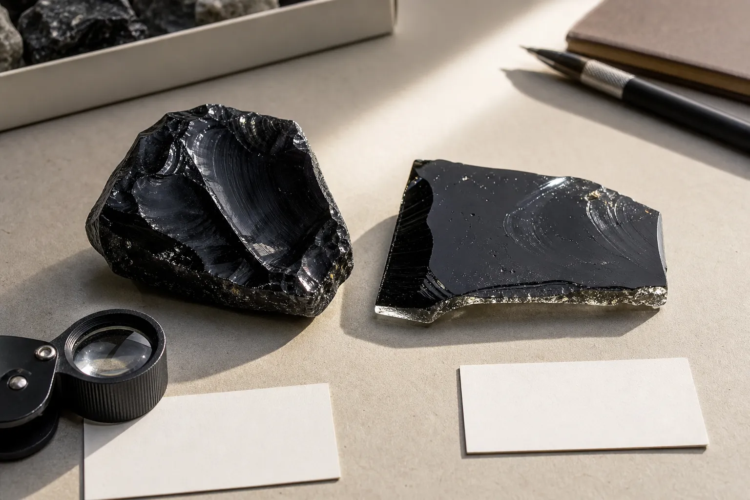 Obsidian and man-made black glass compared by edge light, internal texture, and surface clues