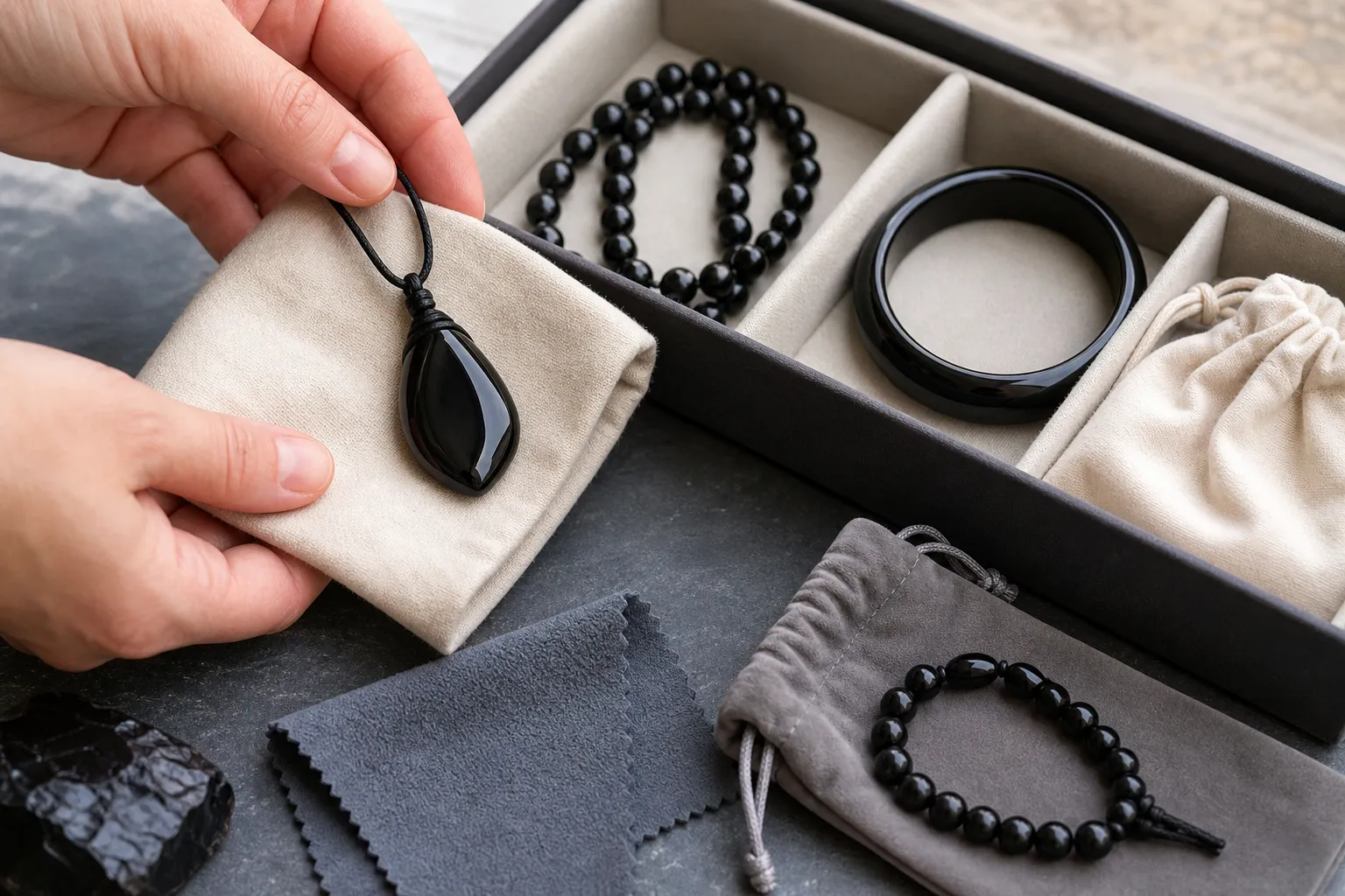 Soft cloth storage setup for black obsidian and jet jewelry pieces