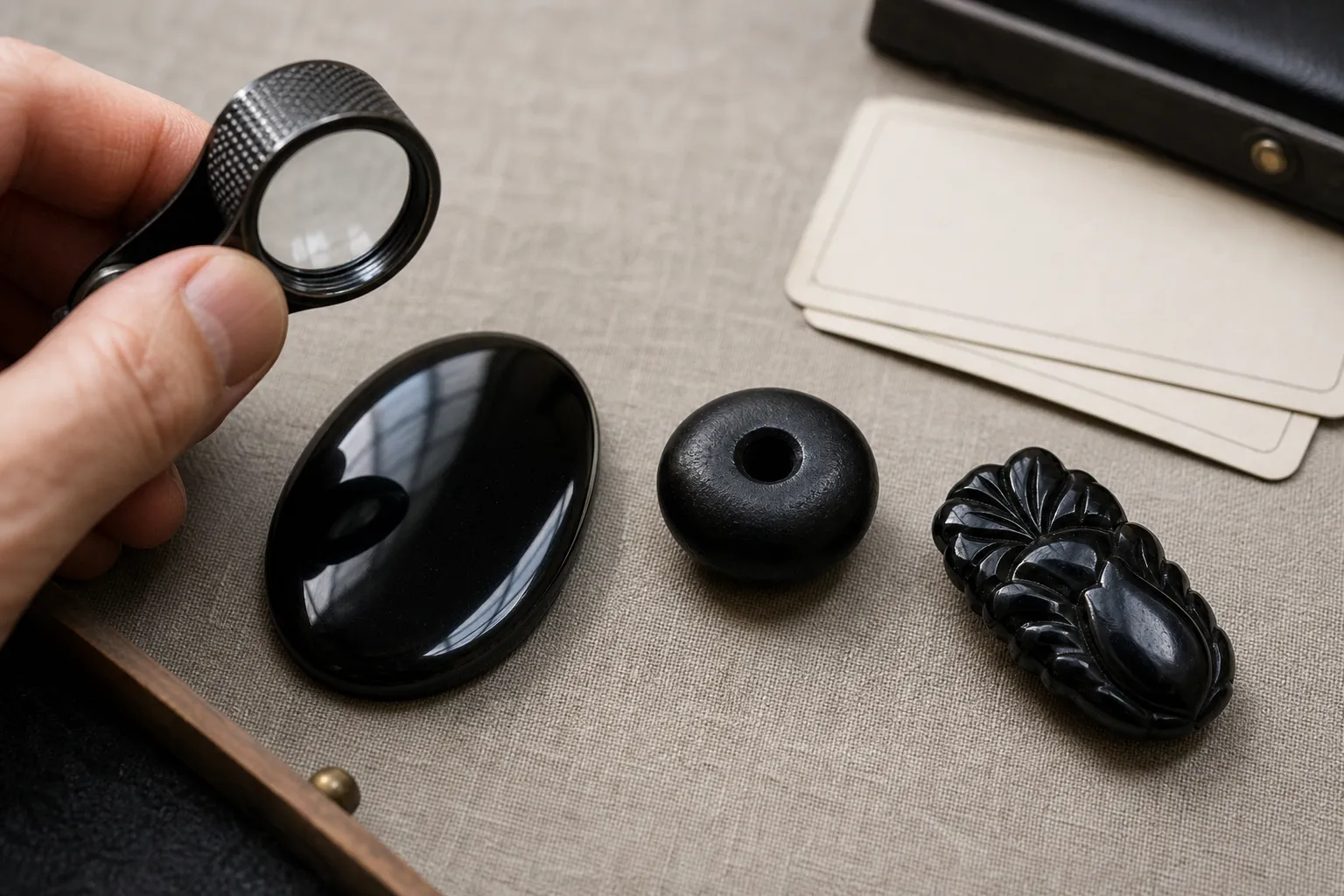 Polished black obsidian and jet pieces compared as different materials