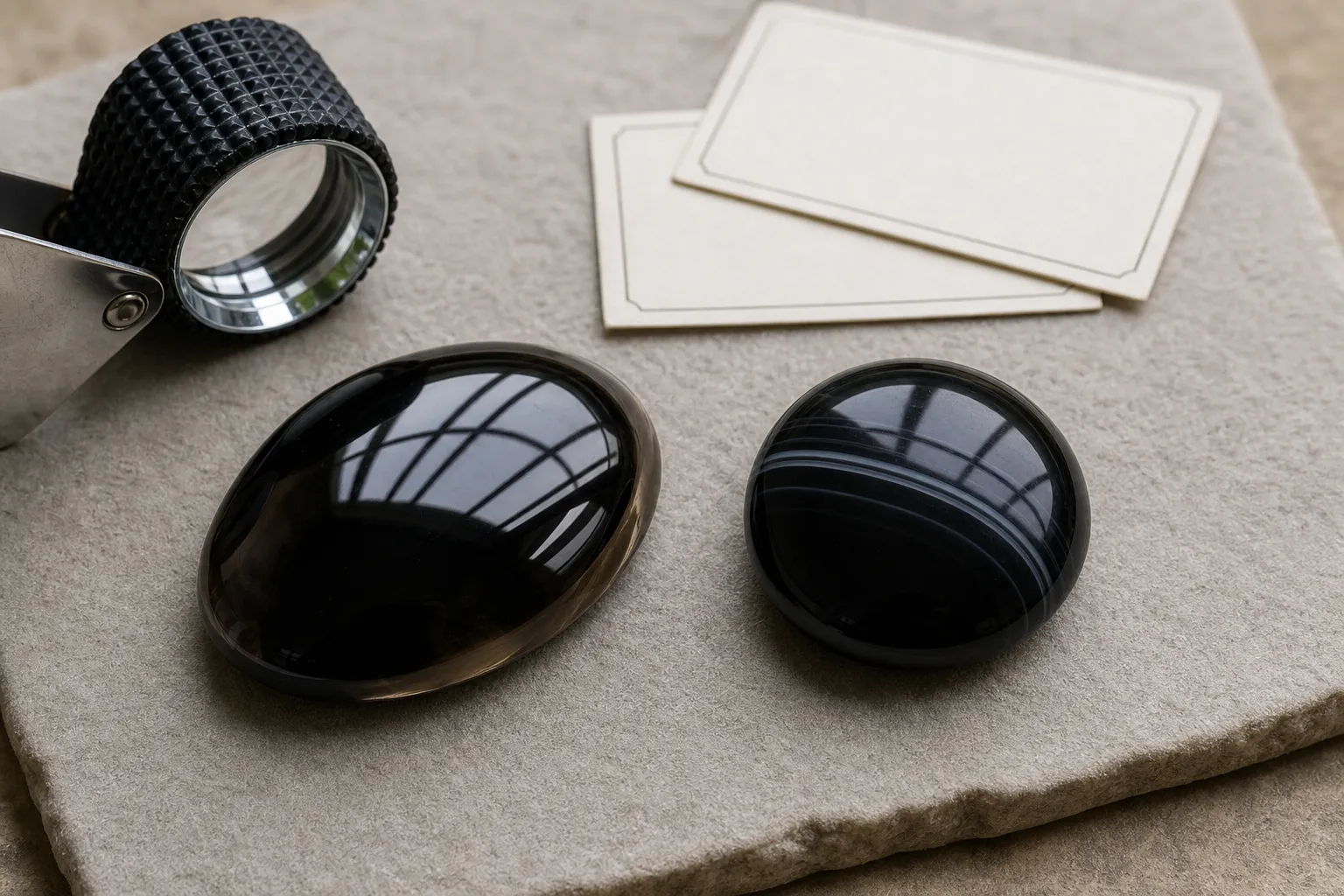 Polished black obsidian and black onyx compared for glassy luster, edge clues, and jewelry-style polish