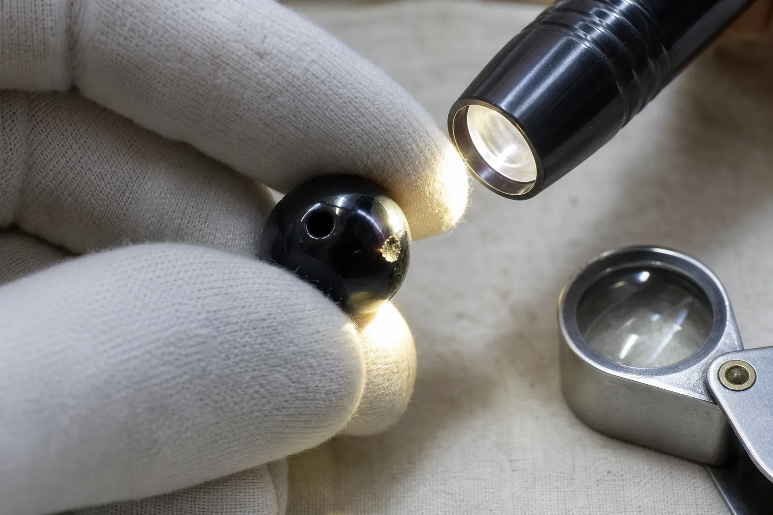 A polished black bead inspected at an existing chip and thin edge under light without damaging the stone